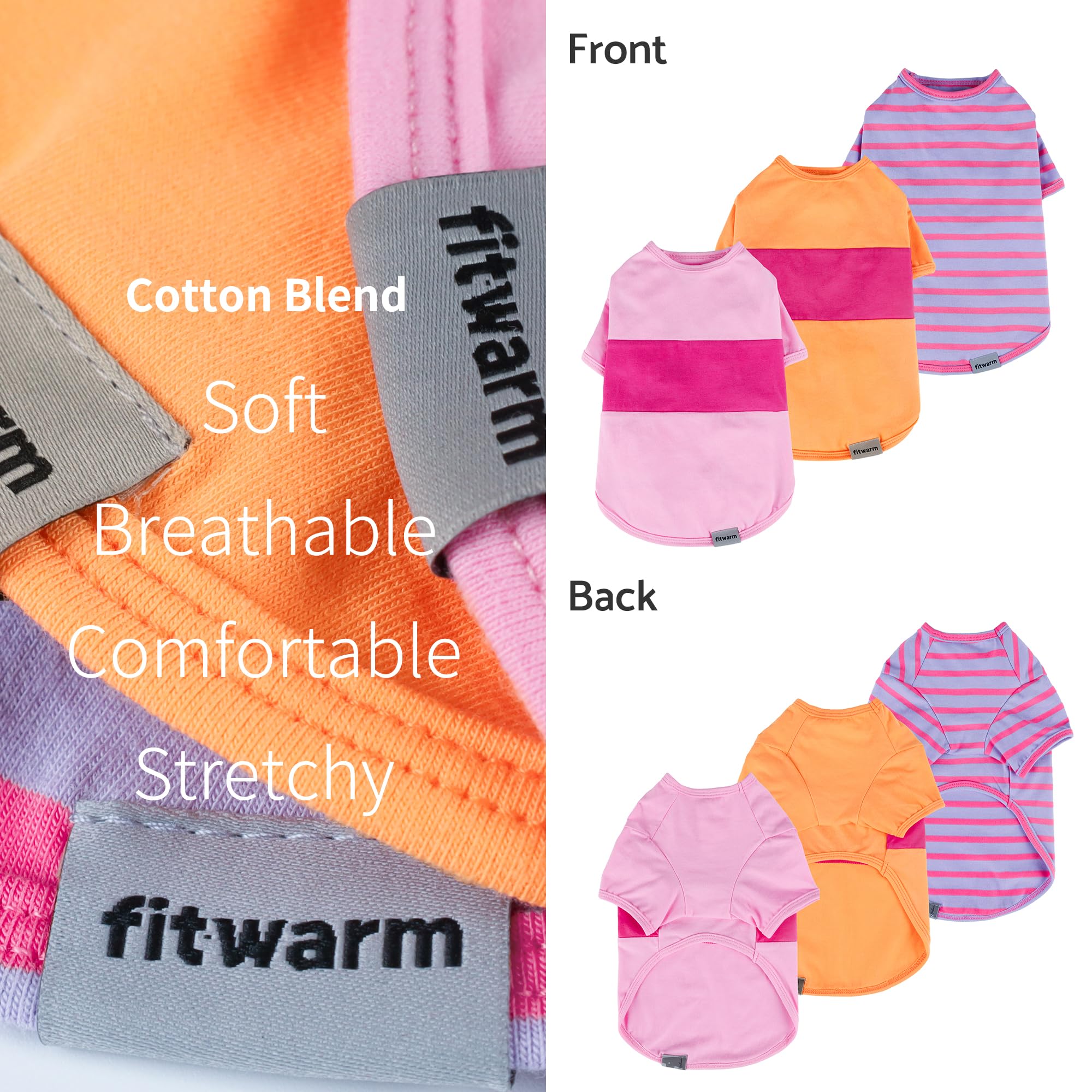 Fitwarm Lot de 3 Chemises rayées aux Couleurs contrastées pour Chien, vêtements d'été pour Petits Chiens, t-Shirts Respirants et légers pour Chien, Tenues pour Animaux de Compagnie, Rose, Orange