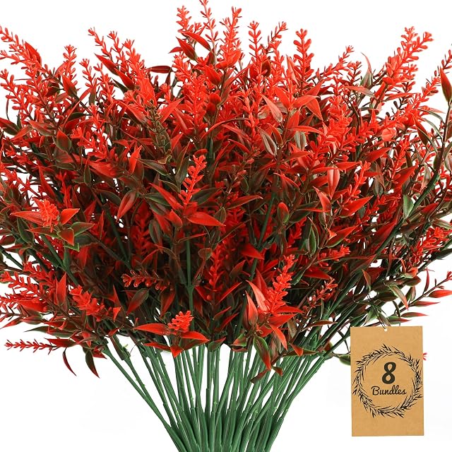8Pcs Orange Red Lavender Autumn Artificial Flowers, UV Resistant Fake Flowers Plants, No Fade Faux Lavender Bouquet Decoration for Indoor Outdoor DIY Wedding Home Office Garden Window Decor