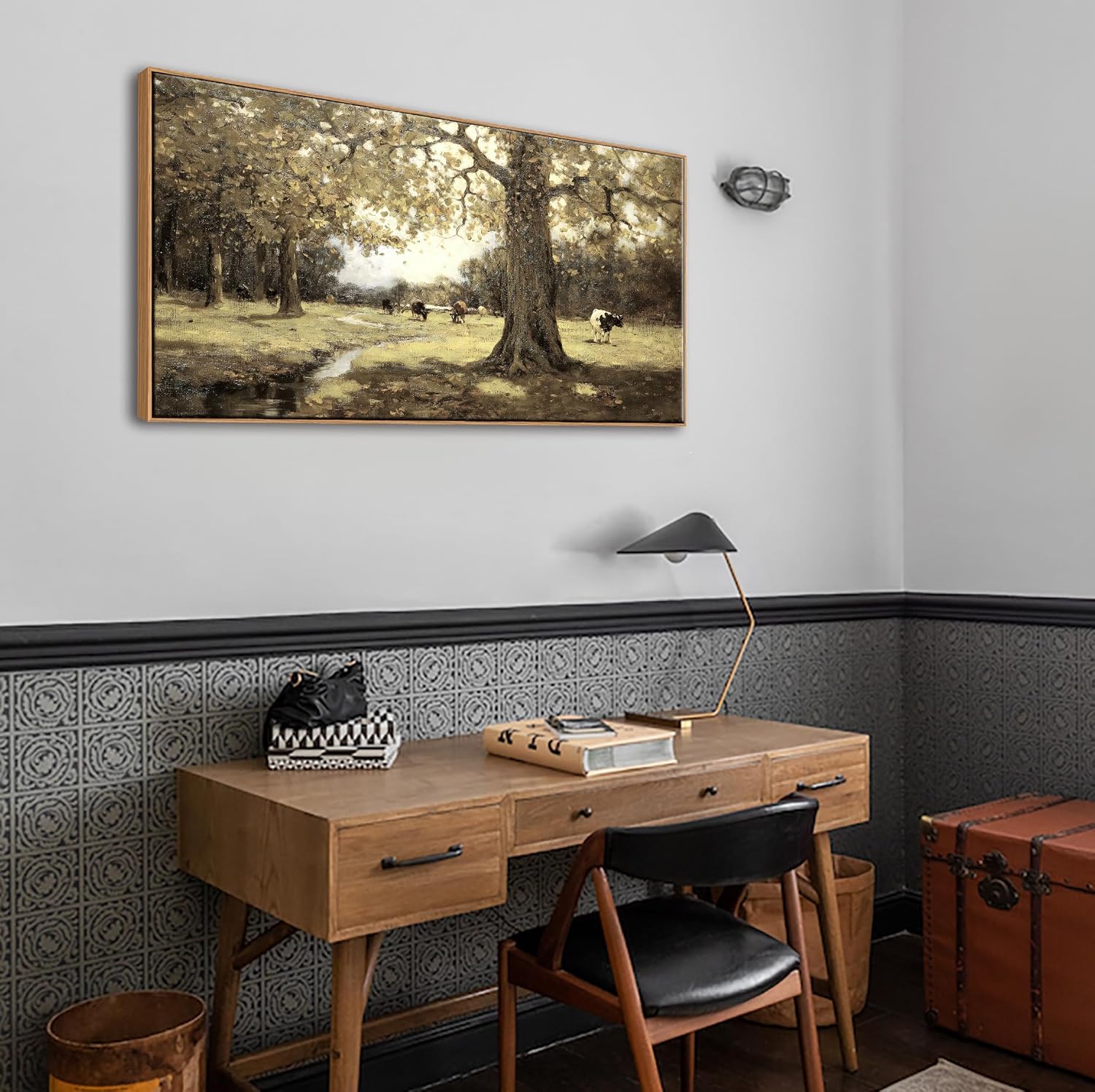 Extra Large Framed Canvas Wall Art - Vintage Pastoral Landscape with Cows, Cottagecore Countryside Meadow Painting, Rustic Farmhouse Wall Decor for Living Room Bedroom, Ready to Hang [20"x40"Inches]
