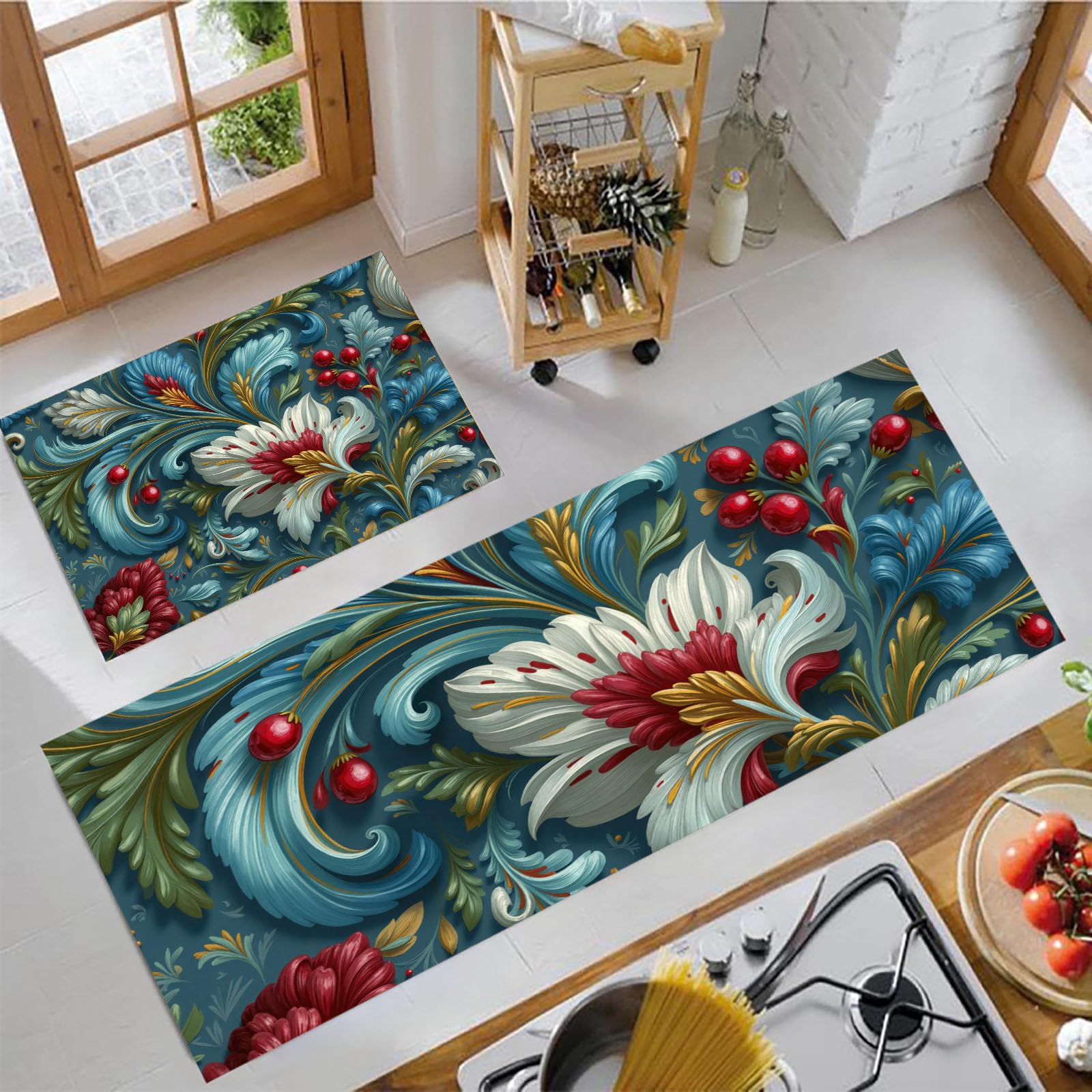 Alfombra de cocina antideslizante con diseño de flores turquesa y bayas vintage