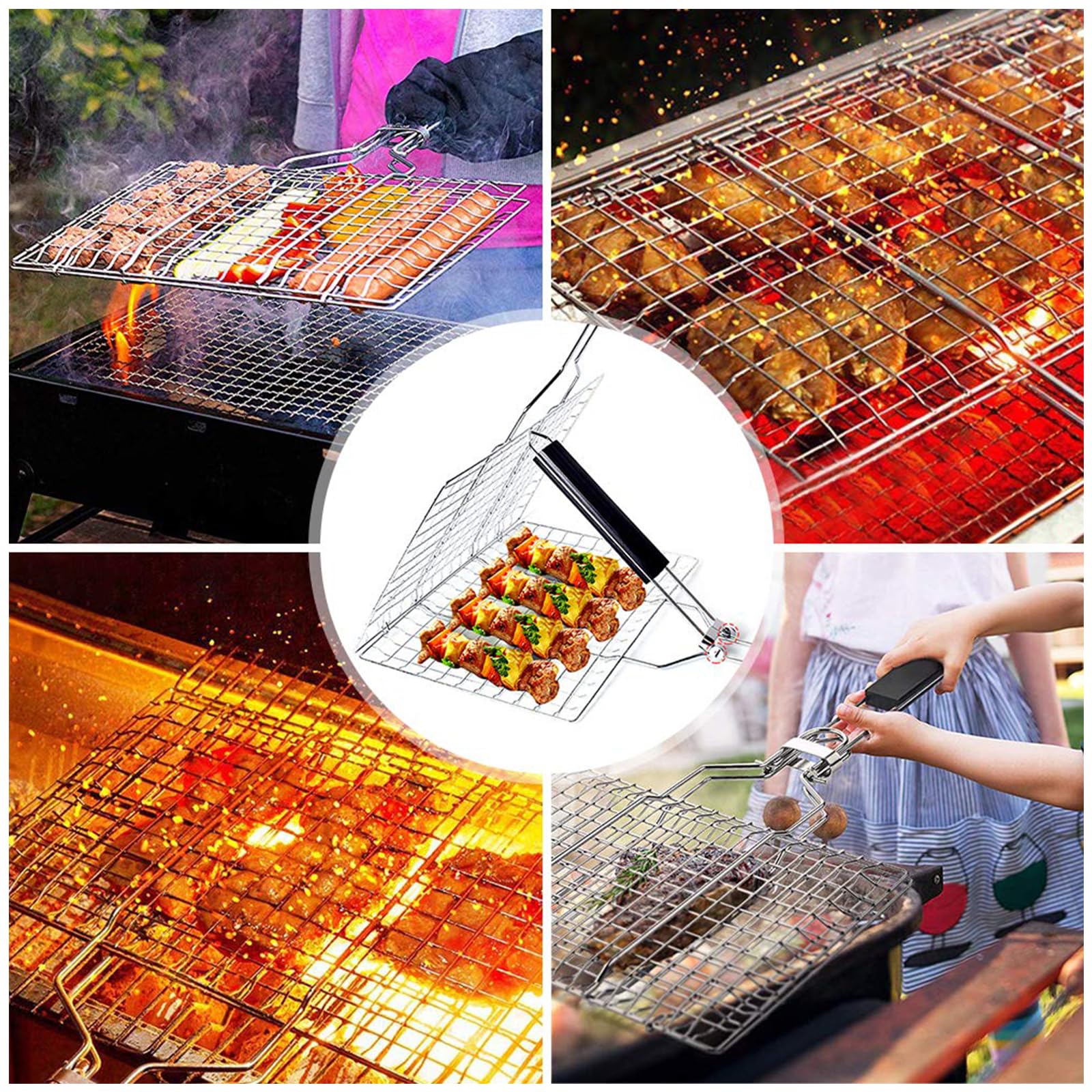 Lot De 2 Paniers De Barbecue Portables, Paniers De Grillades De Poisson Pliables, Paniers De Barbecue Pliables En Acier Inoxydable Avec Poignée En Bois Amovible Pour Poisson Rôti, Brochettes