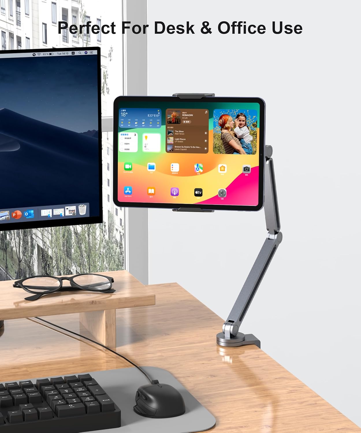 Tablet Arm Mount with Super Grip, Adjustable Foldable Holder & Heavy Duty Aluminum 360° Rotating Clamp for iPad, Phone, Monitor, Kindle - Universal for Desk, Bed, Kitchen - Gray
