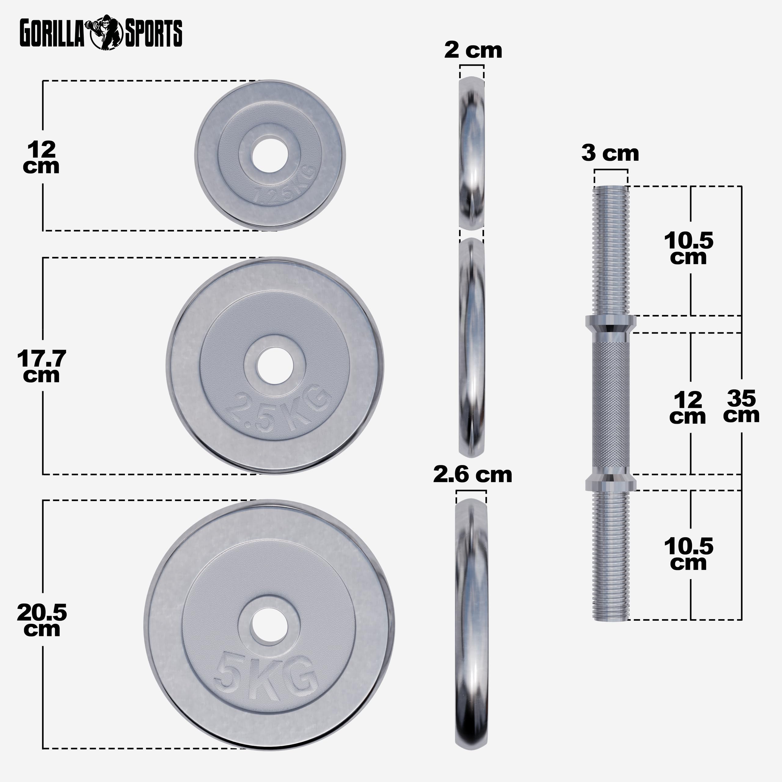 GORILLA SPORTS® Kurzhantelset 30kg, 2er Set, 30mm, Chrom, 10 Hantelscheiben | 4 x 1,25 kg, 4 x 2,5 kg und 2 x 5 kg Hantelscheiben, 4 Sternverschlüsse, Griff gerändelt und rutschfest; Kurzhanteln