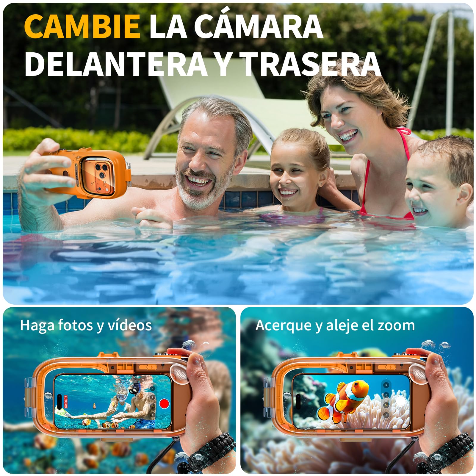 Funda Impermeable IPX8 Universal para Buceo, Profesional Sumergible 15M [Función Bluetooth] [Enfoque Ajustable] Funda para iPhone Samsung Galaxy Xiaomi Redmi Google Honor 4,7-6,9", Naranja