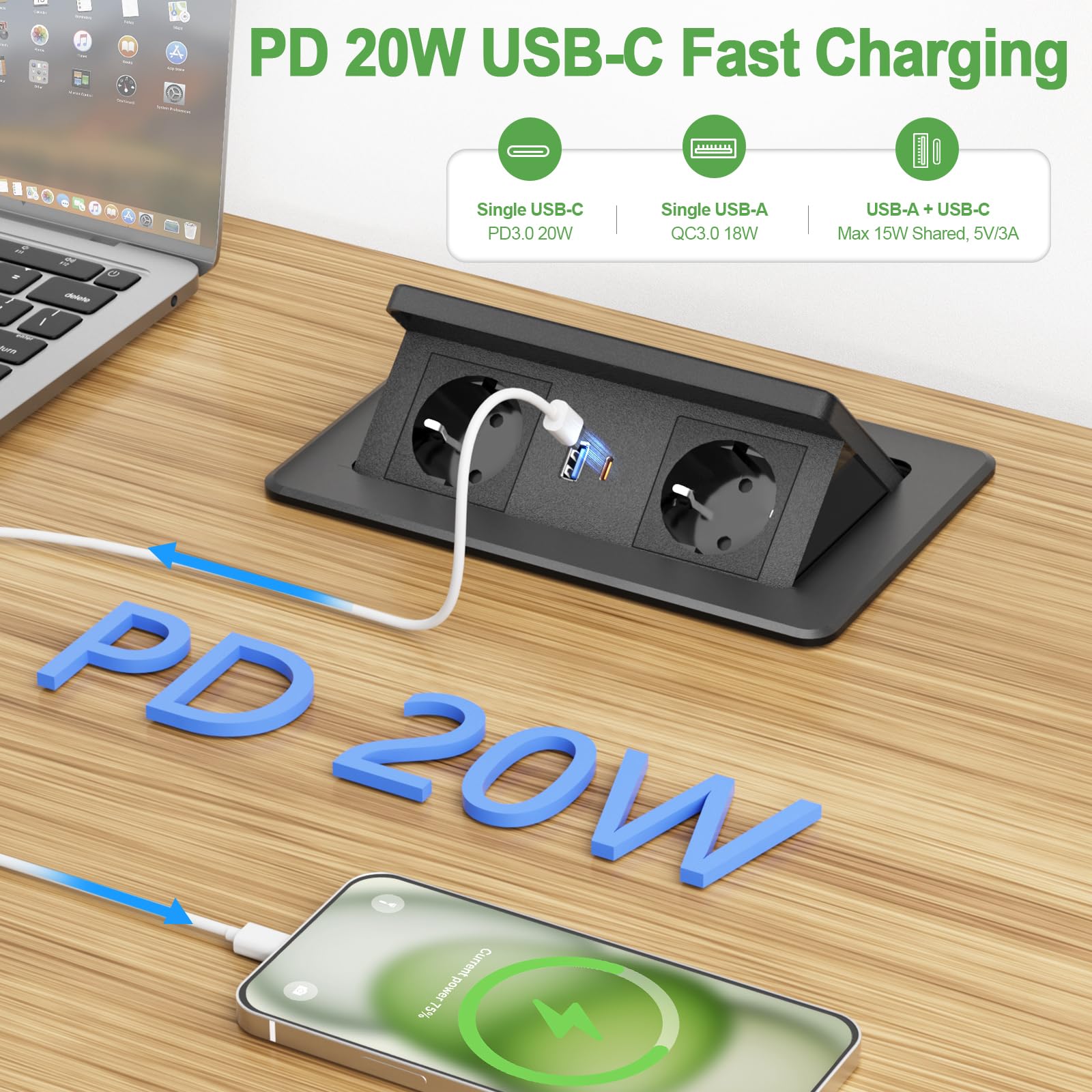 Kabel 3 m – opuszczane gniazdko z USB C PD 20 W i 15 W, bezprzewodowa ładowarka, gniazdko wpuszczane do zabudowy, 2-krotne, wpuszczane gniazdko stołowe, do blatu roboczego, sofy, domu, biura, kolor