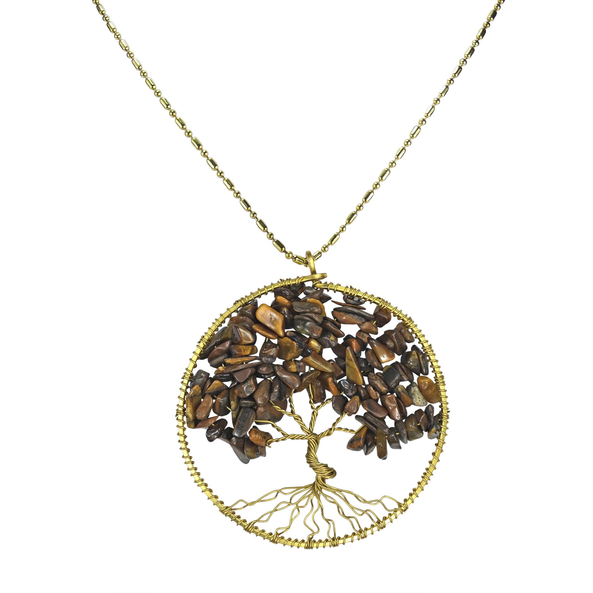 AeraVida Tiger's Eye Stone Eternal Tree of Life Brass Long Necklace