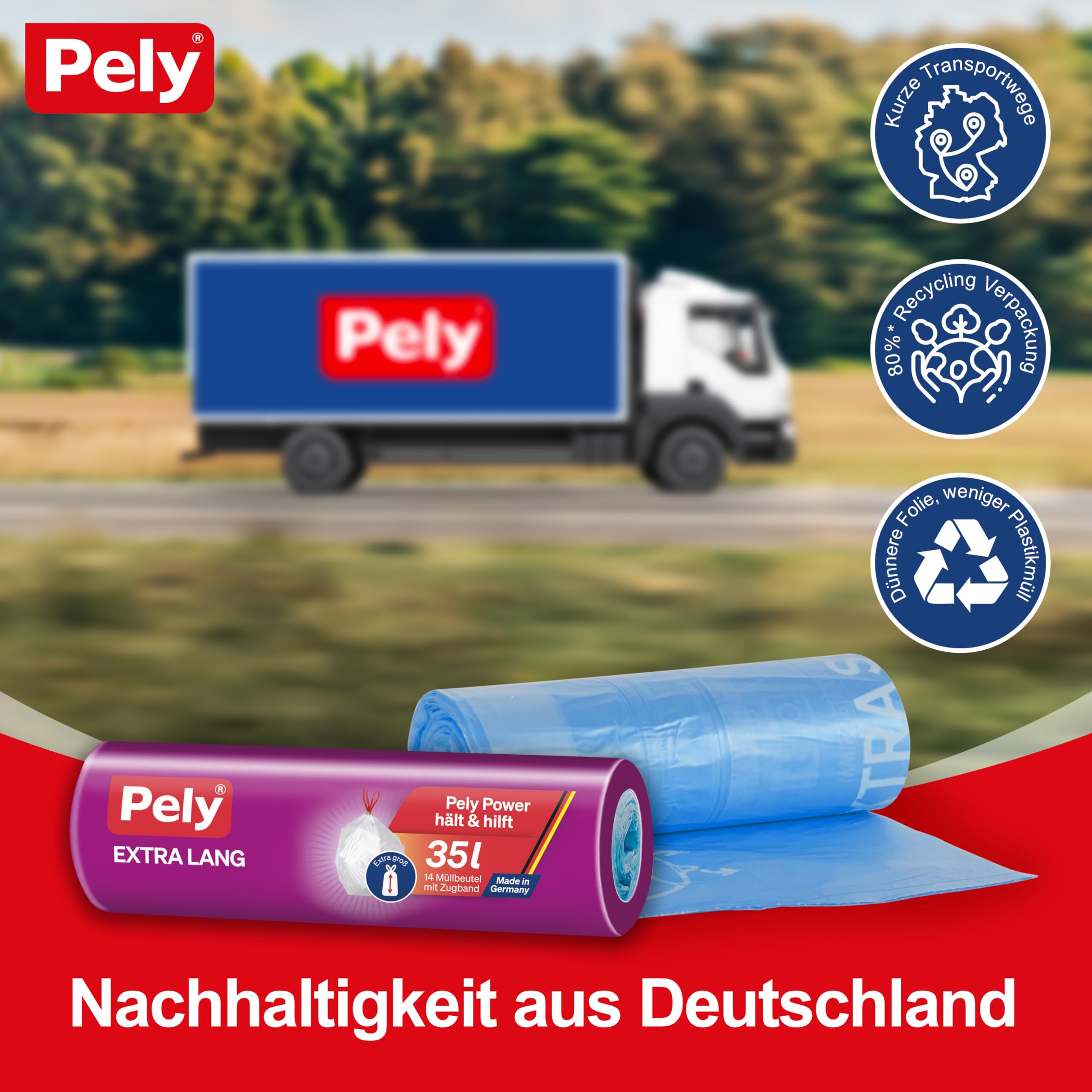 Pely® Zugband Müllbeutel 35 Liter extra lang, XXL Vorteilspack 23 x 14 Stück im Karton, für die Entsorgung von Restmüll