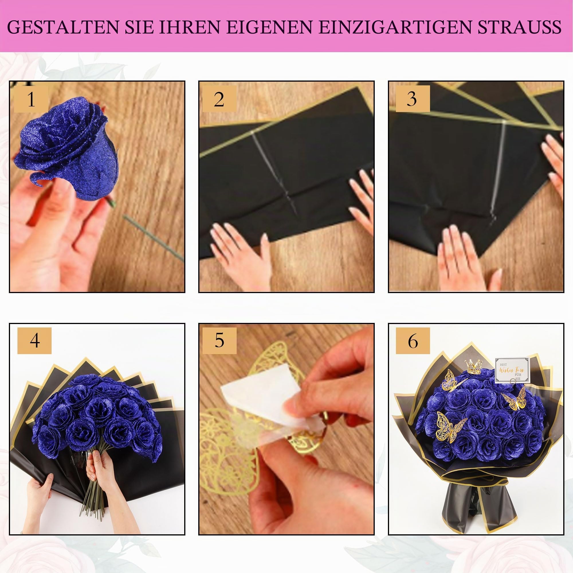 Roya Blauer Glitzer-Rosenstrauß, 30 Stück DIY Gefälschte Blumen Blumenstrauß, Immerwährender Glänzender Künstlicher Rosenstrauß für Valentinstag, Jahrestag, Verlobung, Hochzeit