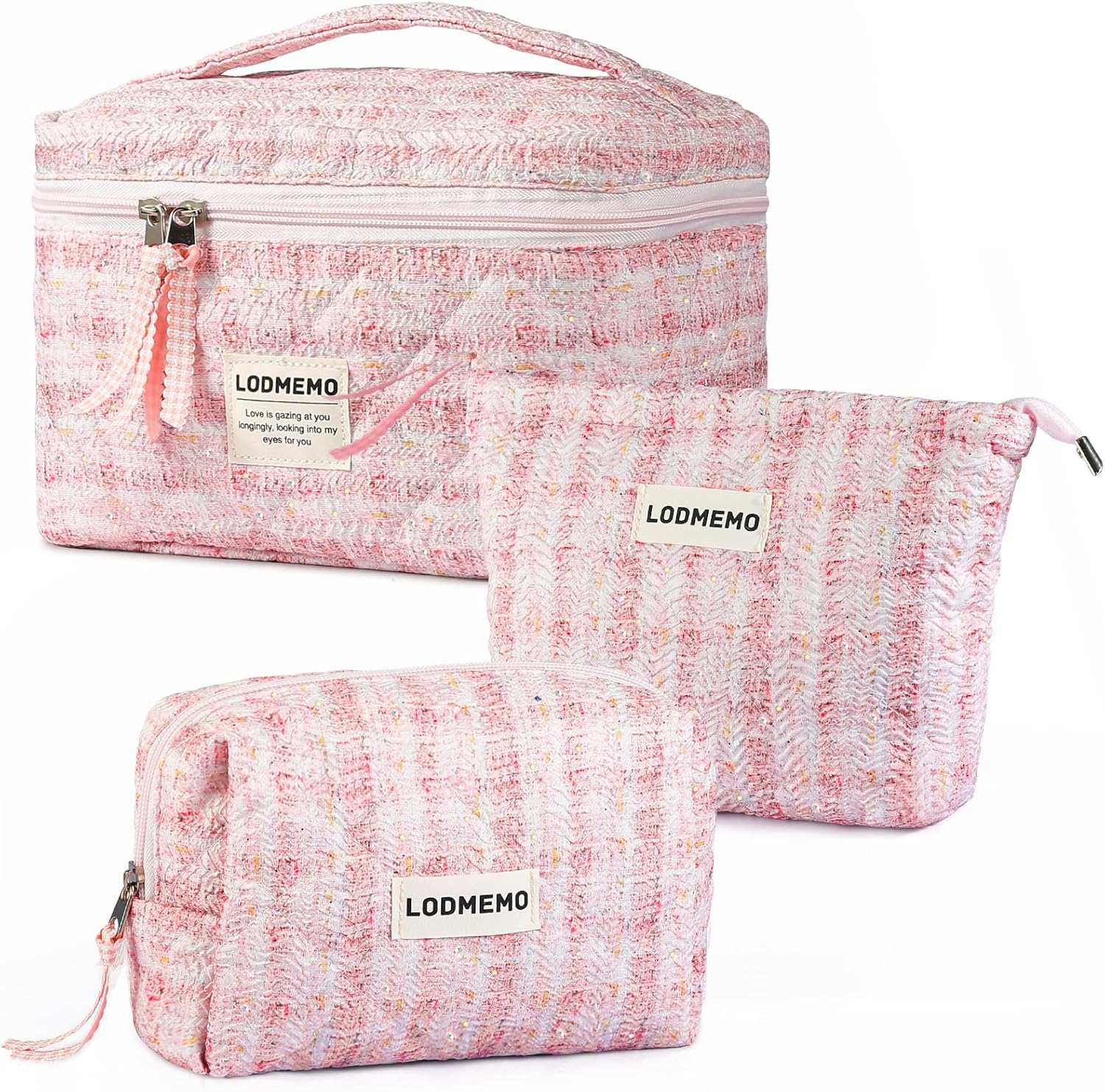 Makeup Bag 3 PCS Quilted Cosmetic Bags for Women, Large Travel Make up Bag Set Cute Cotton Toiletry Bag Organizer Pouch for Purse, Pink