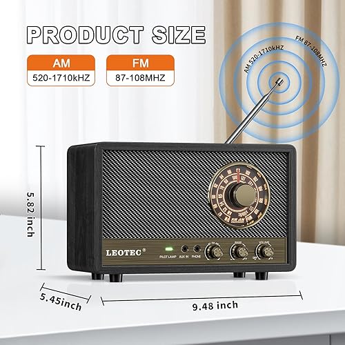 Miniatura 5 de LEOTEC Radio AM FM, radio de mesa de madera retro, altavoz Bluetooth portátil enchufable en la pared, la mejor recepción con AUX, conector para