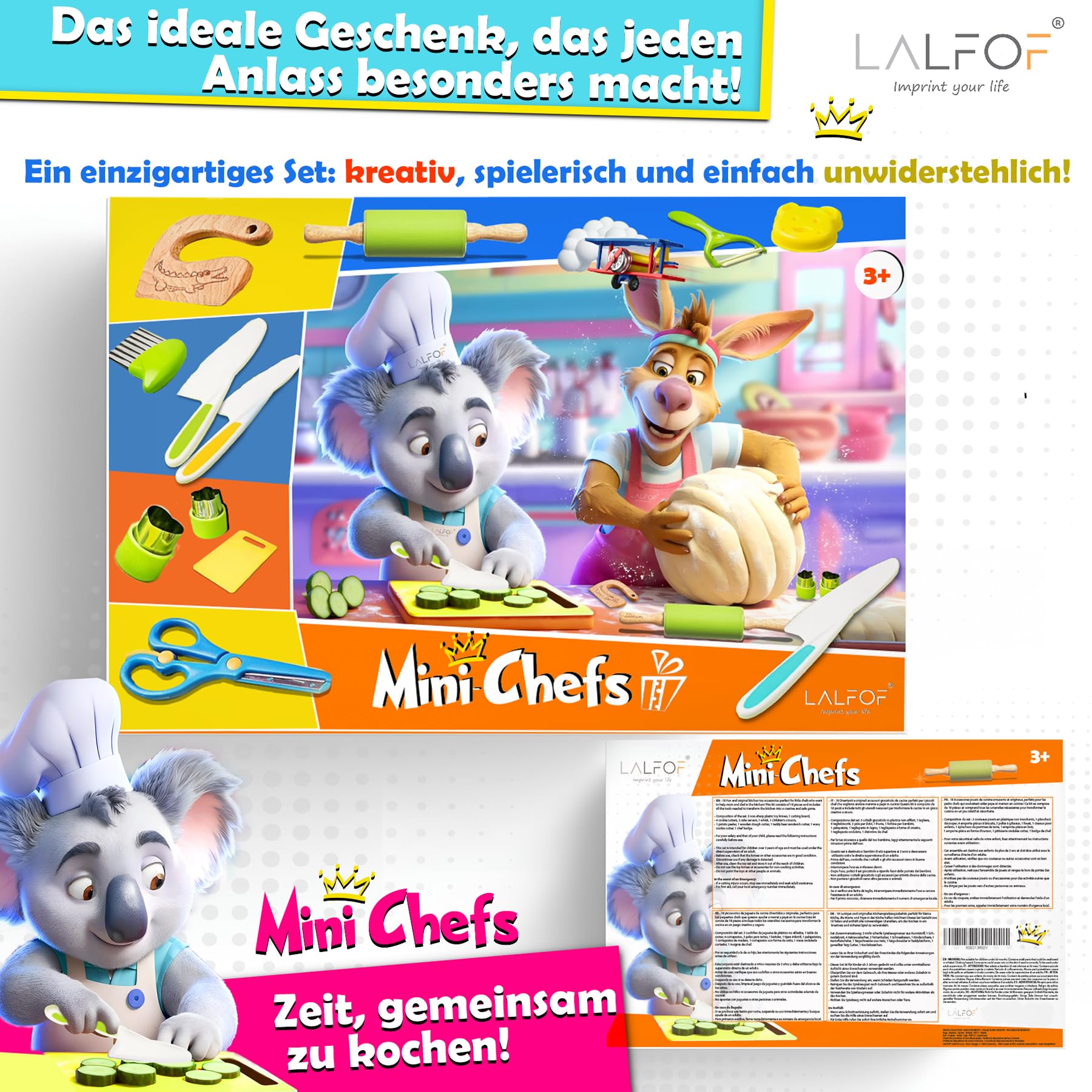 Kindermesser ab 2 jahre | 21 teiliges kinder schneideset mit 3 kinder messer, sparschäler kinder und personalisierbarem namensbadge zum umhängen | motorikspielzeug 2 jahre | kindermesser ab 3 jahre