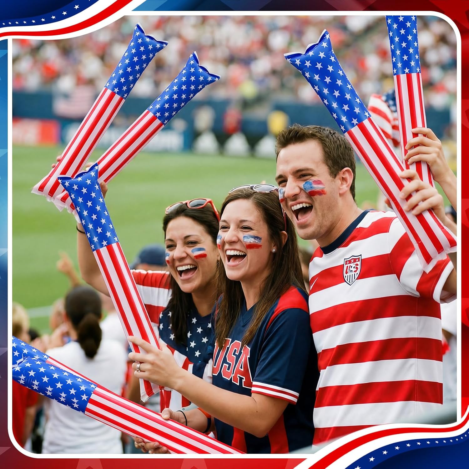 Foilswirl 100 Pcs Inflatable Cheer Sticks USA Flag Thunder Boom Sticks Patriotic Cheerleading Spirit Noise Makers for Soccer Games Sports Events 4th of July Parades Carnival Party Supplies