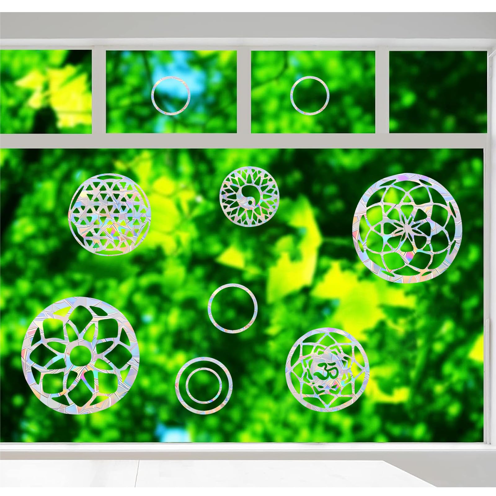 SHAWULA 18PCS Mandala Window Clings Anti-Collision Decals to Save Birds from Collisions,Non Adhesive Prismatic Vinyl Window Clings Rainbow Stickers