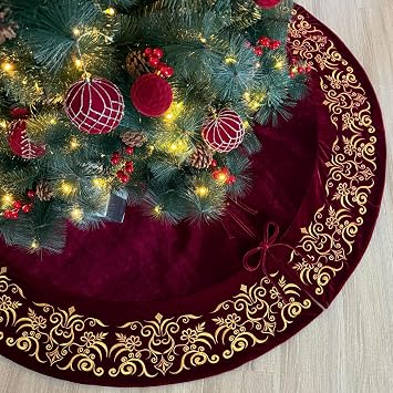 60-Inch Victorian Velvet Christmas Tree Skirt with Gold Damask Embroidery and Plush Lace Ties, Burgundy