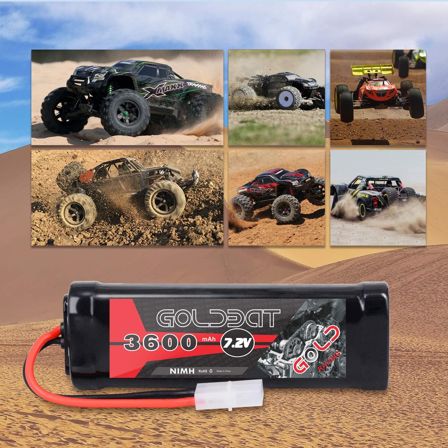 GOLDBAT 3600mAh 7.2V NiMH RC Battery with Tamiya Connector for for RC Evader BX Car Truck Truggy Buggy Tank Car Racing (3600-7.2V-Tamiya)