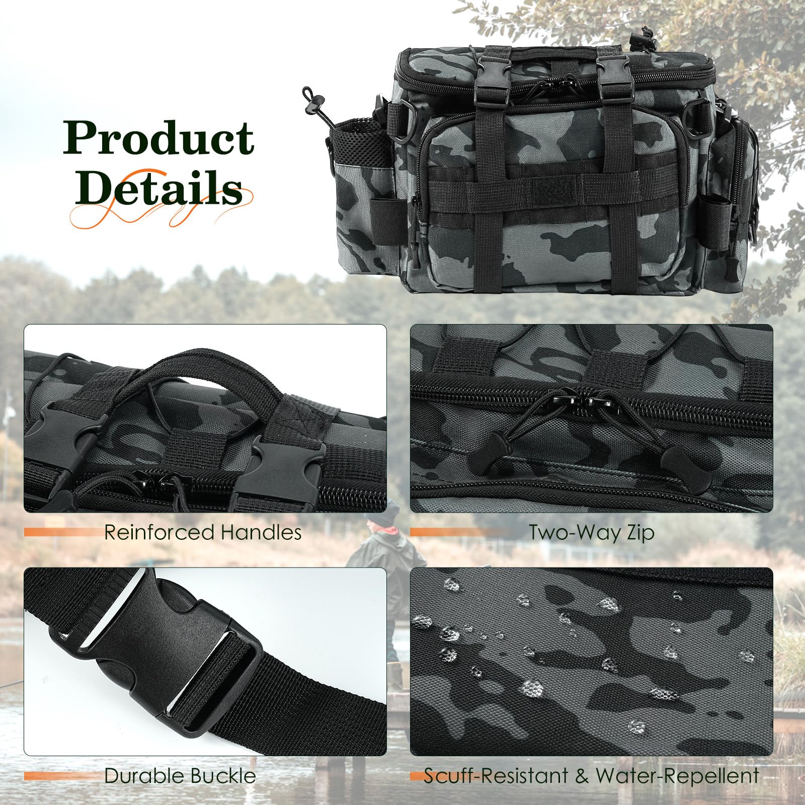 Angeltasche, Tarnung Fishing Angeltasche mit Gürtel, Schultergurt, Rutengurt, Tragegriffe Mehrere Taschen Karpfentasche angelrucksack Tackle-Box-Tasche Outdoor für Meer Angeln Süßwasser