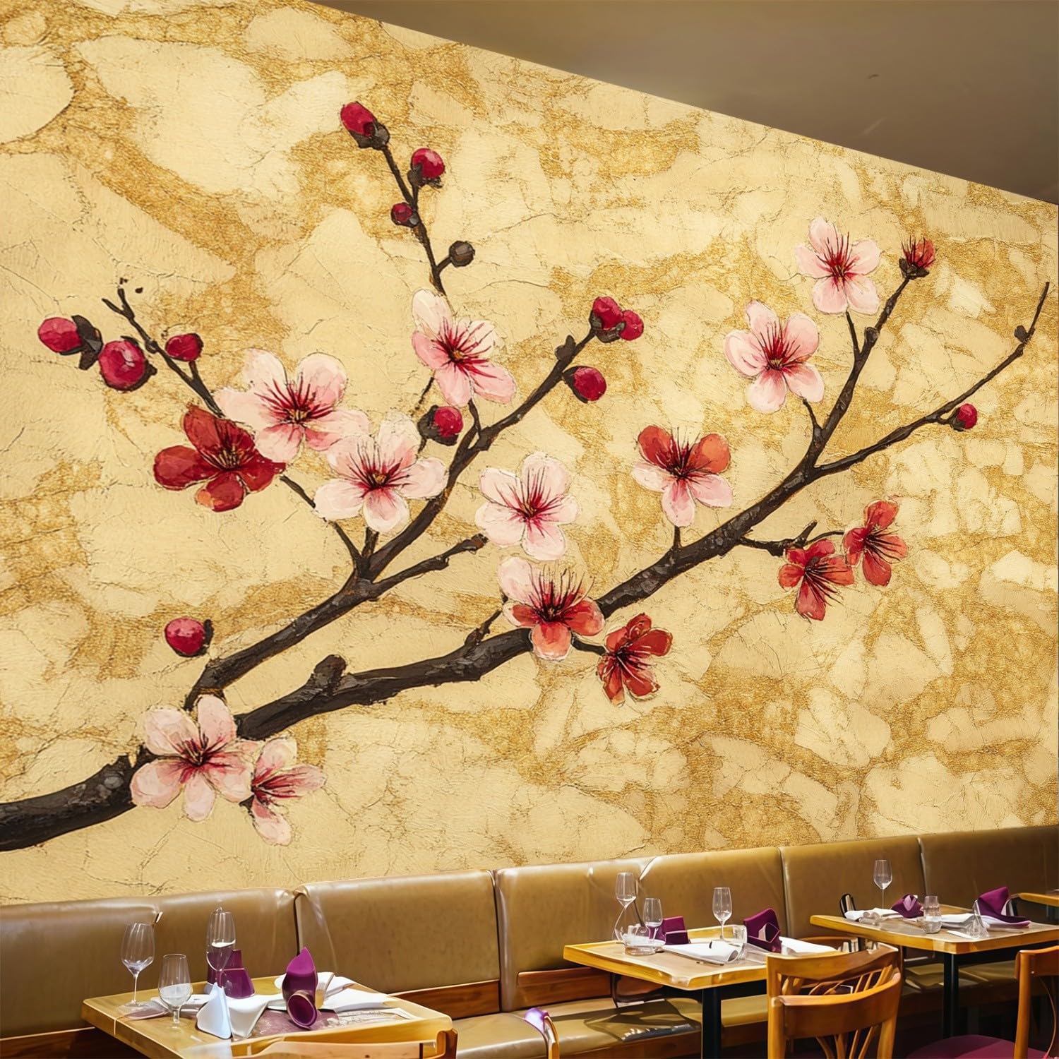 Papier peint fleurs de cerisier rétro pour salon et chambre chic