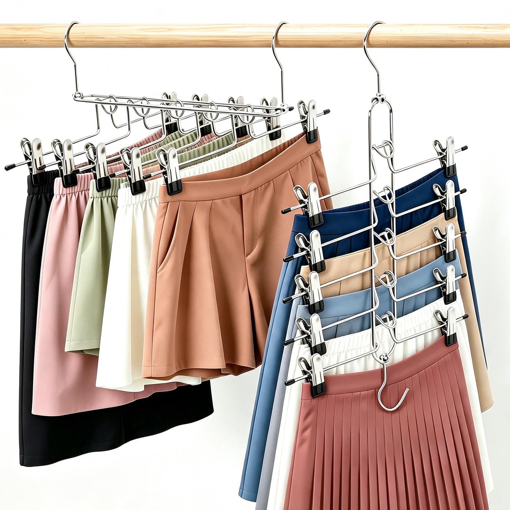 Trousers Hanger with Clips,2Pack Space Saving Hanging Closet Organizer-5 Tiers Skirt Hangers with 360° Swivel Hook,Clothes Hangers for Women Men Jeans Shorts Trousers Pants