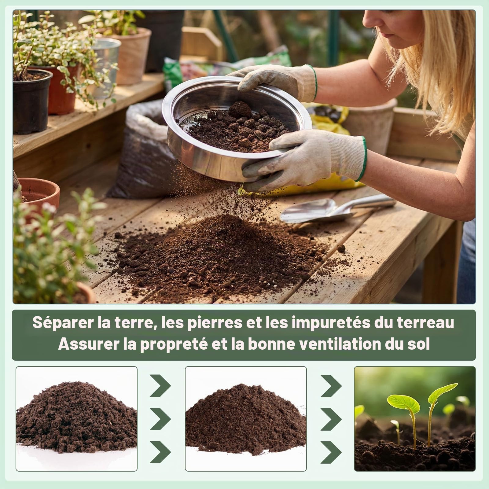 5 en 1 Tamis Jardinage Tamis Sable en Acier Inoxydable Ø 1, 3, 6, 9, 12 mm Tamis de Terre avec 1 Pelle à Main pour Terre, Pierres, Compost, Mauvaises Herbes, Sable, Gravier, Graines