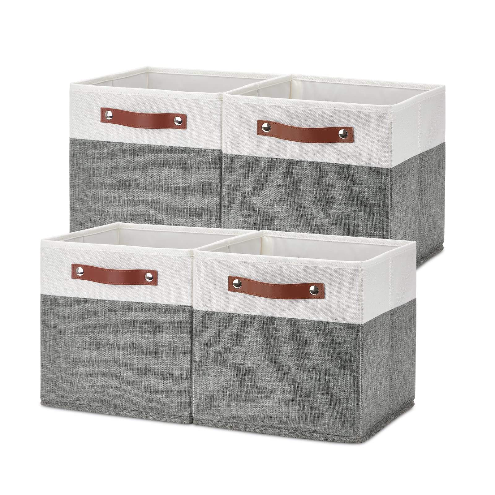 Temary Cube Storage Bins 4 Pack Storage Cubes 11×11 Fabric Storage Bins Foldable Storage Baskets with Handles, Collapsible Storage Basket for Shelf (White & Grey, 11 x 11 x 11)