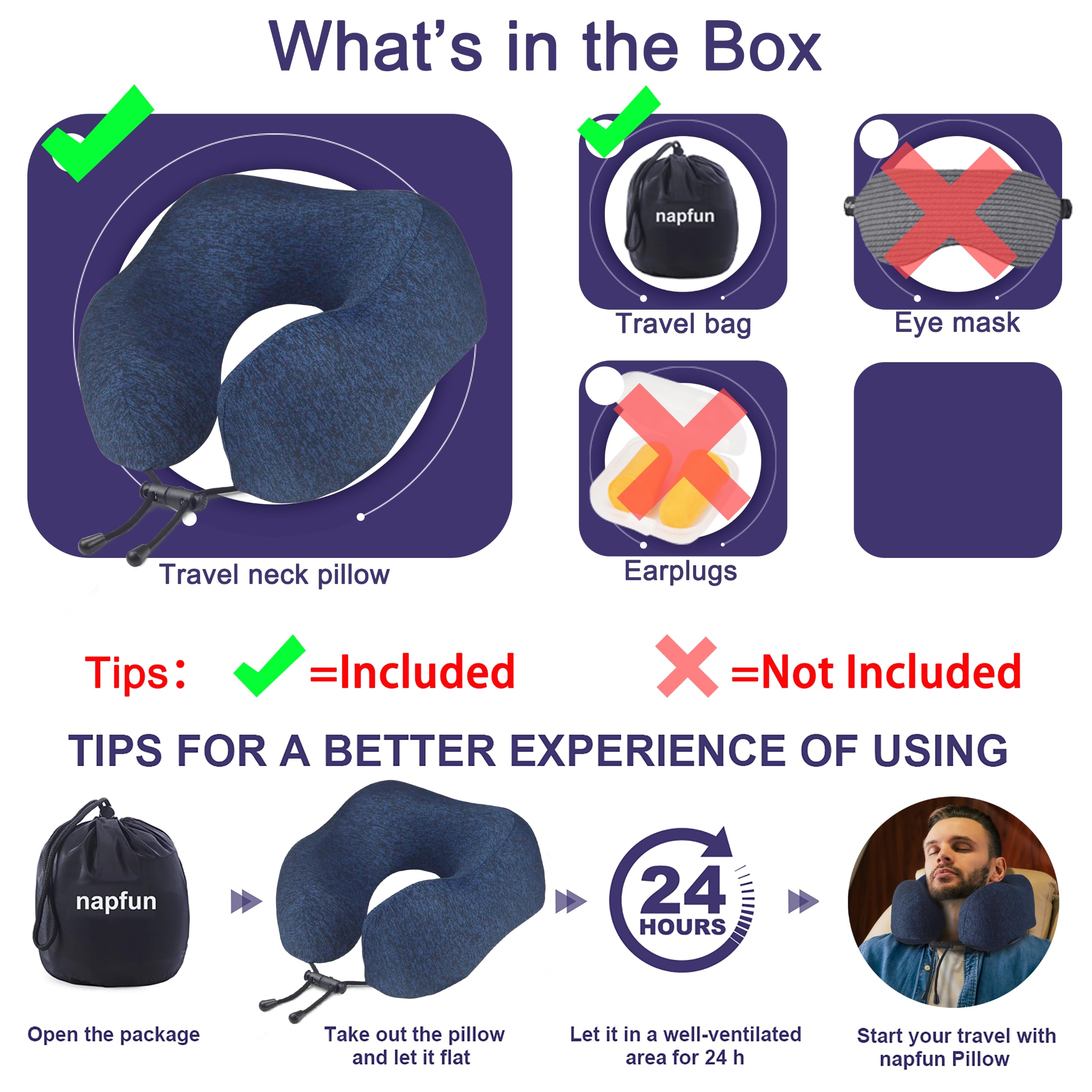 napfun Neck Pillow for Travel, Memory Foam Airplane Pillow, Full Dark Blue view 6