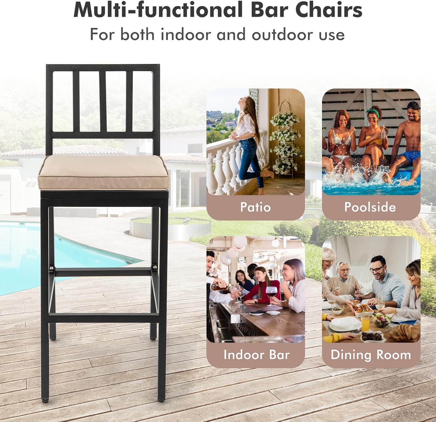 COSTWAY 2 PCS Patio Bar Chairs, Heavy-Duty Metal Frame Bar Stools Set of 2, Indoor Outdoor All-Weather Resistant Barstools with Detachable Cushion & Footrest, for Patio, Garden, Poolside