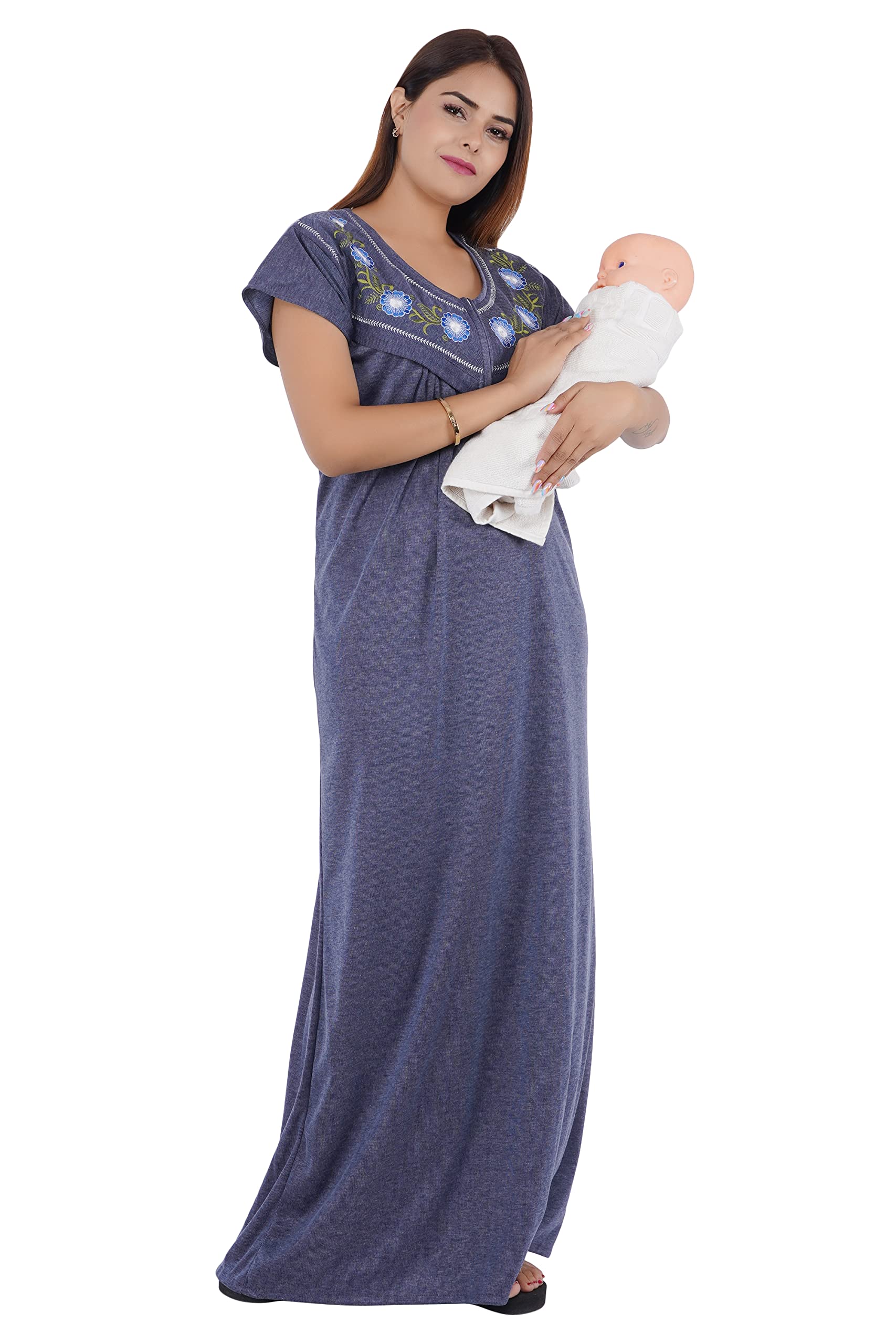 Women's Baby Feeding Printed Half Sleeves Maternity Nighty with Both Side Chain Nightdress Maxi | Size-Large, V Shaped Neck (Article-FD-035) Blue-picture-28