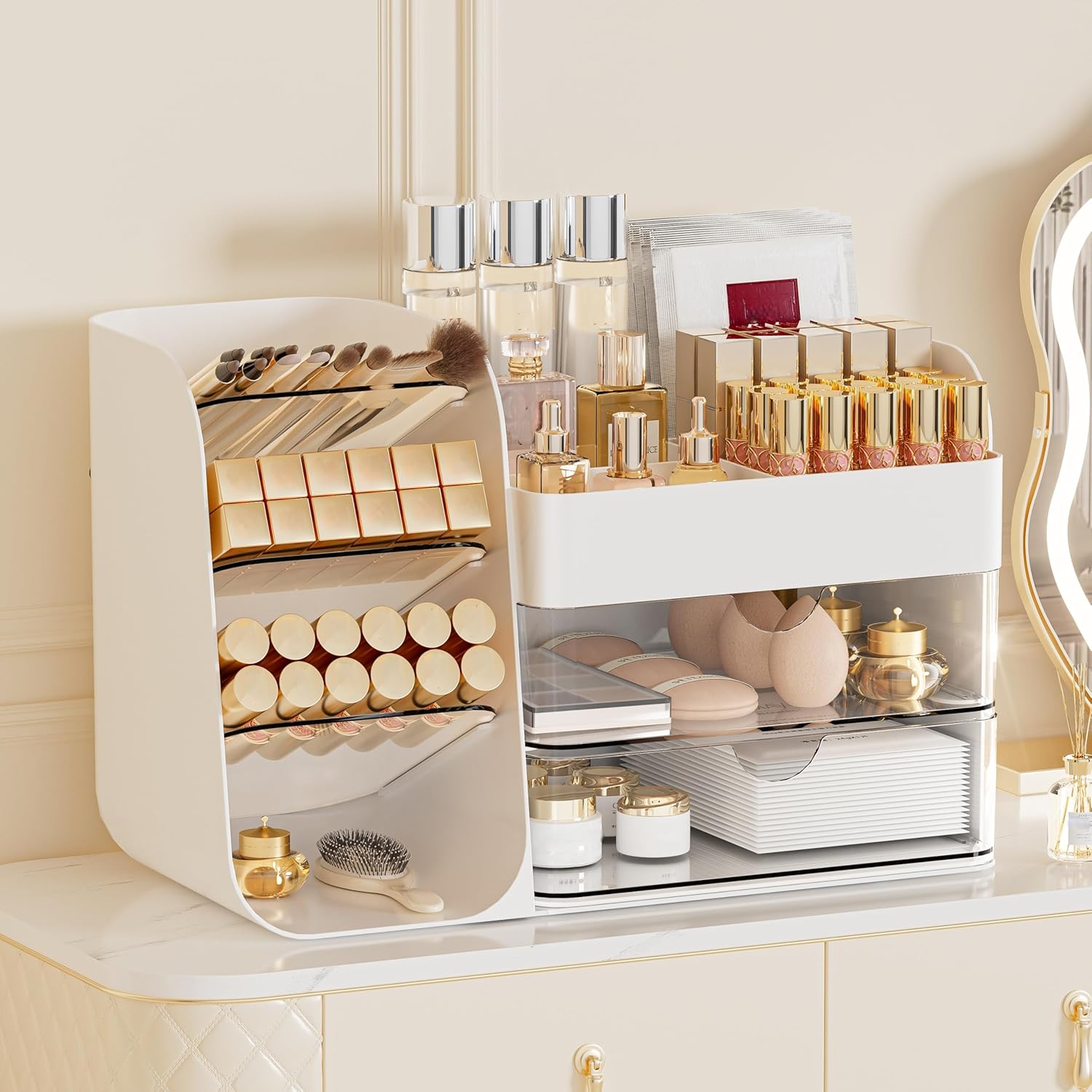 Makeup Organizer with 2 M Drawers & Brush Holders - Cosmetic Storage Case for Vanity, Bathroom Countertop & Desk - Skincare & Office Supplies Organizer (All White, M)