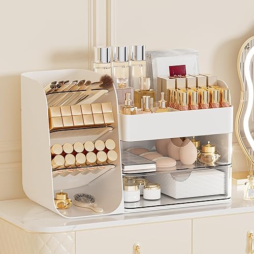 FYABREEK Organizador de maquillaje con cajones de 2 M y soportes para cepillos, estuche de almacenamiento de cosméticos para tocador, encimera de