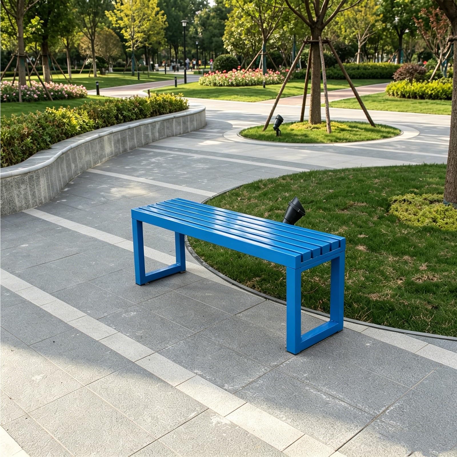 Banc de jardin moderne en métal avec dossier nu, imperméable de 120 cm de long, chaise longue pour intérieur/extérieur, siège de parc multicolore – Parfait pour les écoles, les cours et les jardins.