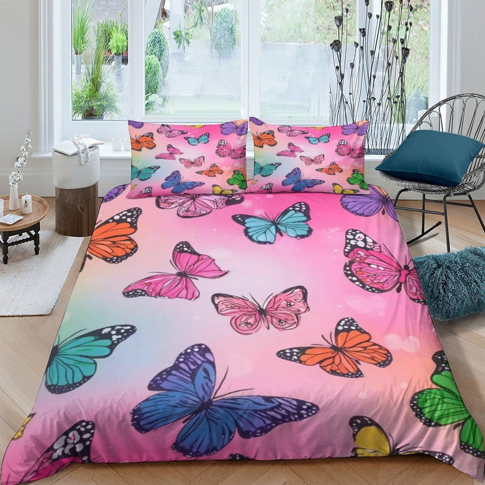 Ctjqhvkz Style-3 3D Printed Colorful Butterfly Fitted Sheet Microfiber Soft Pink Gradient Bed Sheet Anti-Slip Dustproof For Bedroom Dorm Single（135X200cm）