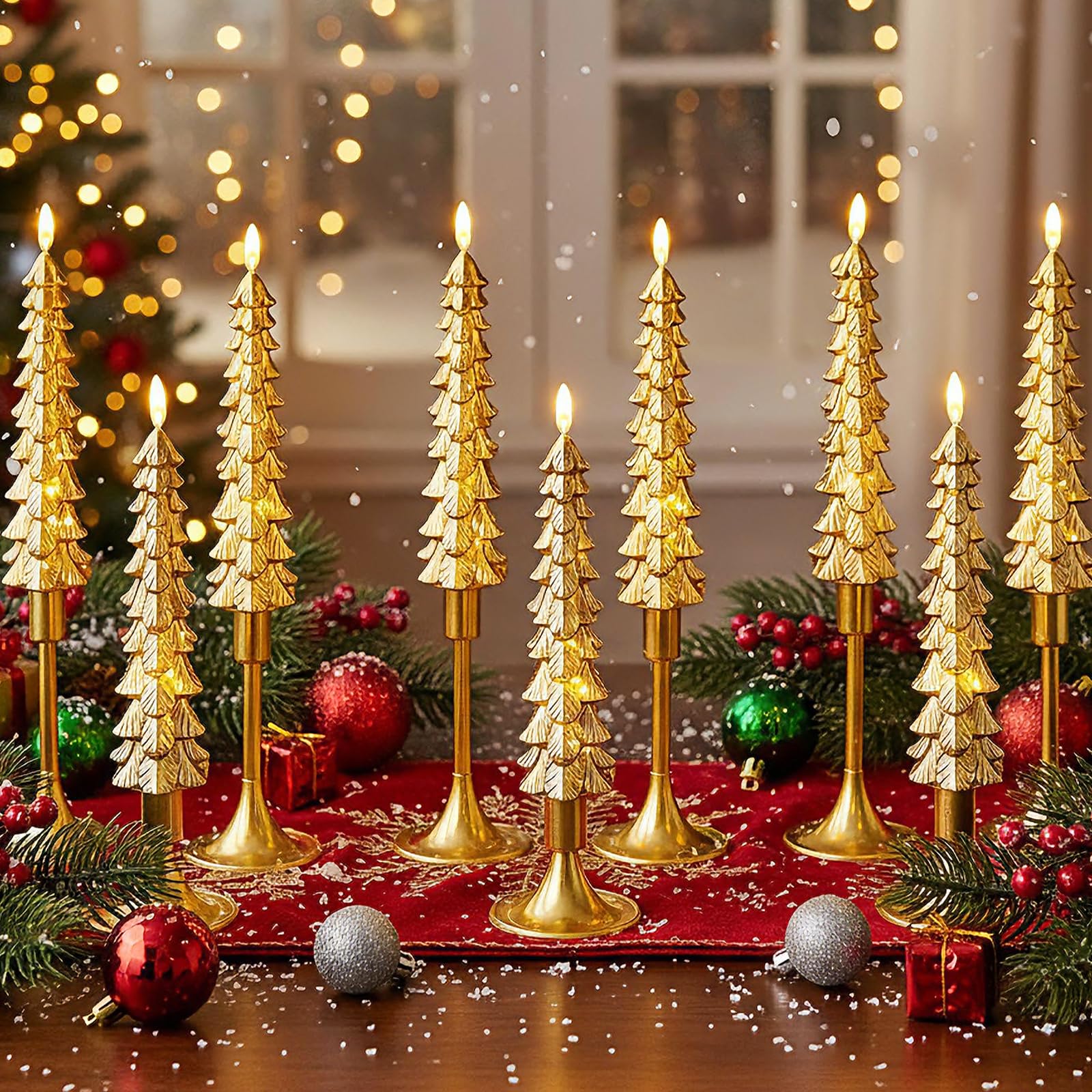 Velas cónicas sin llama LED FillTouch de 9 piezas con soportes dorados para árbol