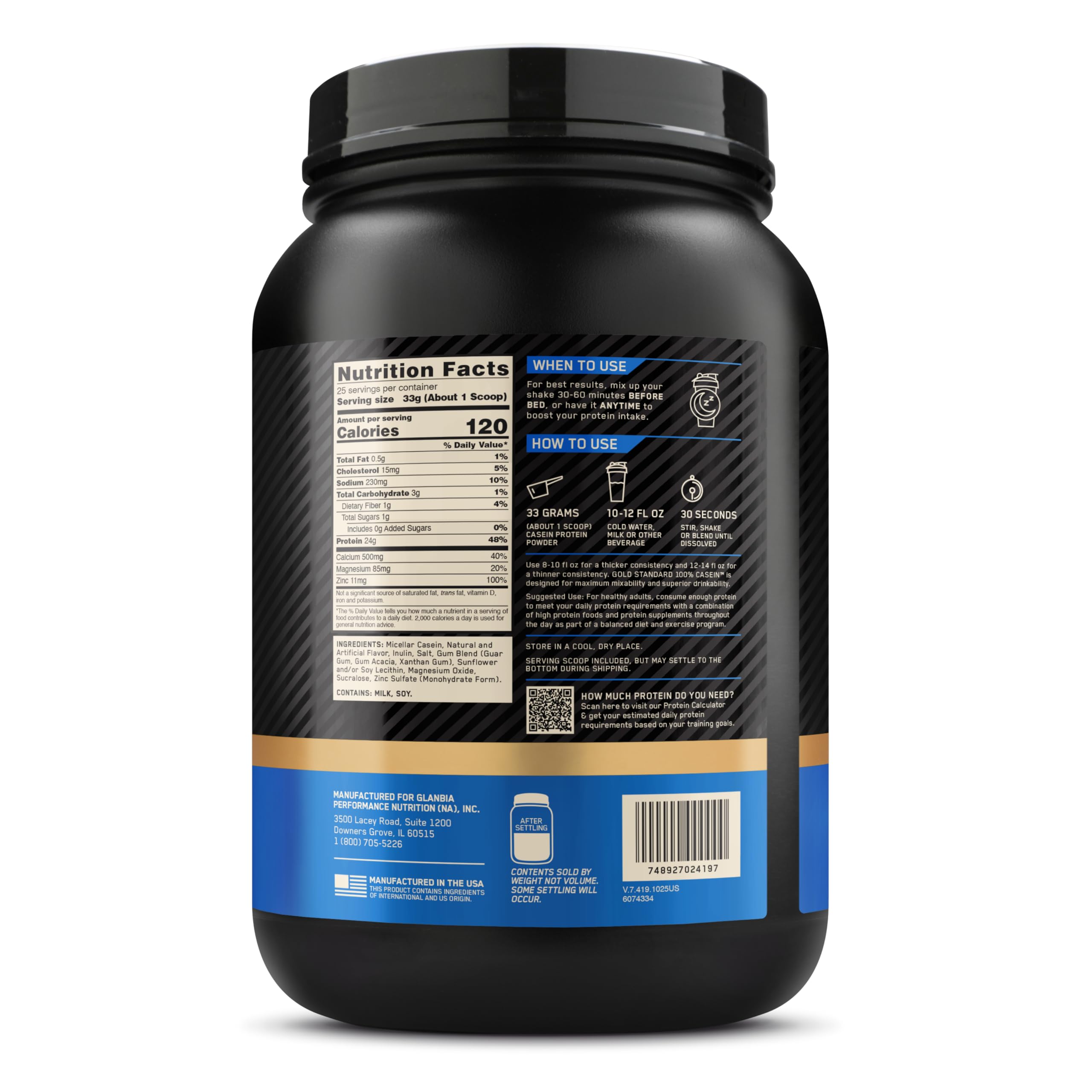 Optimum Nutrition Gold Standard 100% Proteine Caseina in Polvere, Gusto Vaniglia Cremosa, 924g, 28 Porzioni