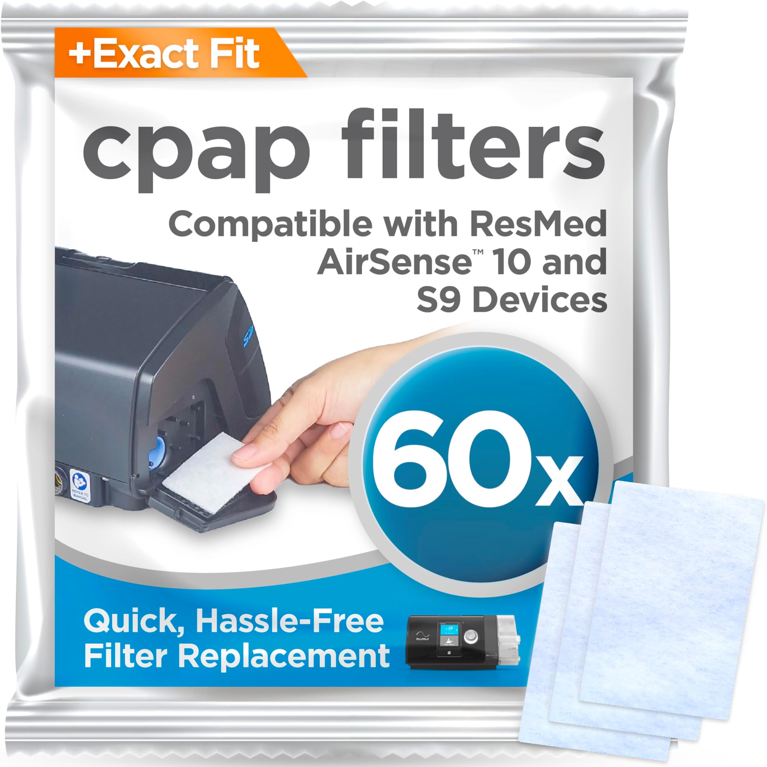 RespLabs Medical Inc. Cpap Filters, 60 Pack for ResMed AirSense 10 and S9 Includes Replacement Filter Kit and 2 Travel Cleaning Wipes