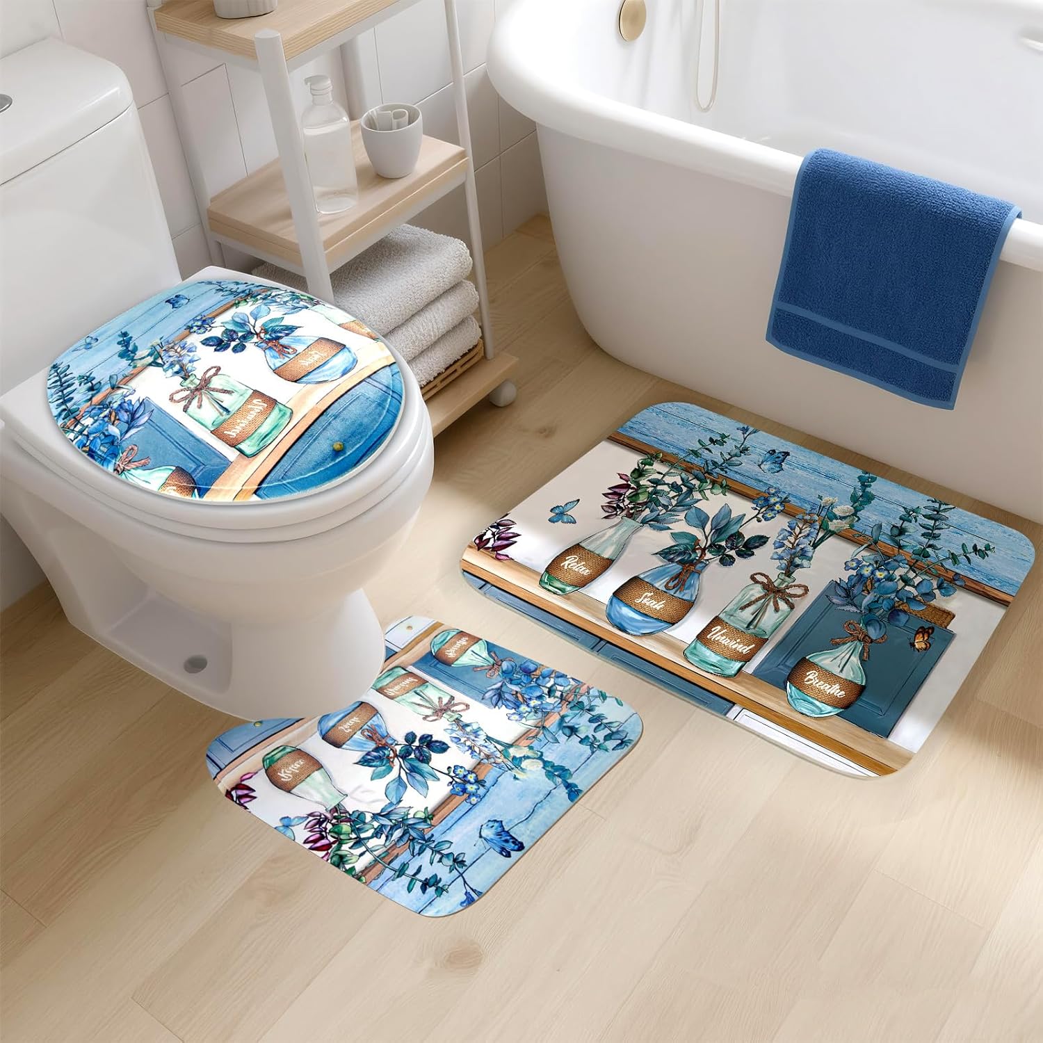 4 PCS Blue Hydrangea Shower Curtain Sets,Home Sweet Bathroom Set with Shower Curtain and Rugs and Accessories,Farmhouse Country Shower Curtain Bathroom Decor with 12 Hooks