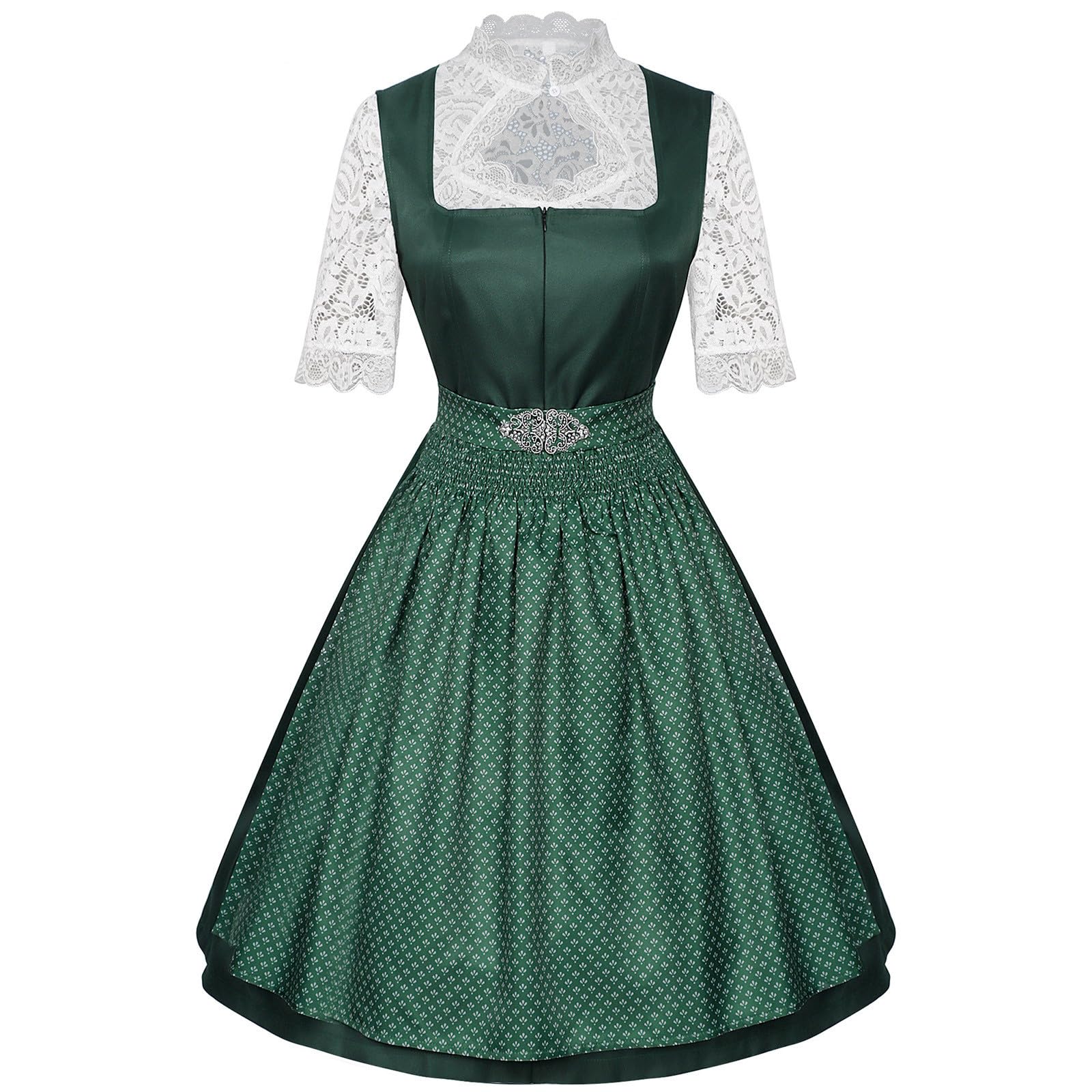 Dirndl Kleid Damen Oktoberfest Trachtenkleid Bayern Kostüm Kurzarm Spitze Oberteil Karree Ausschnitt Tailliert Vintage Midi Kleid mit Schürzen Optik Festliches Trachtenkleid Bierfest Party Outfit