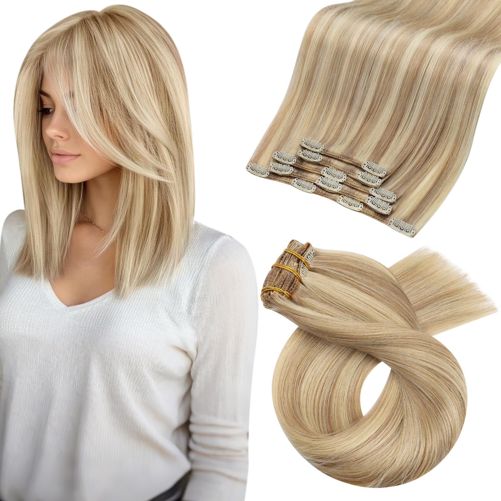 Moresoo Human Hair Extensions Clip in Real Hair Ash Blonde with Bleached Blonde Clip in Hair Extensions Remy Human Mid-length Hair Layered Add Volume 14 Inch 5pcs/80g #P18/613 — view 63