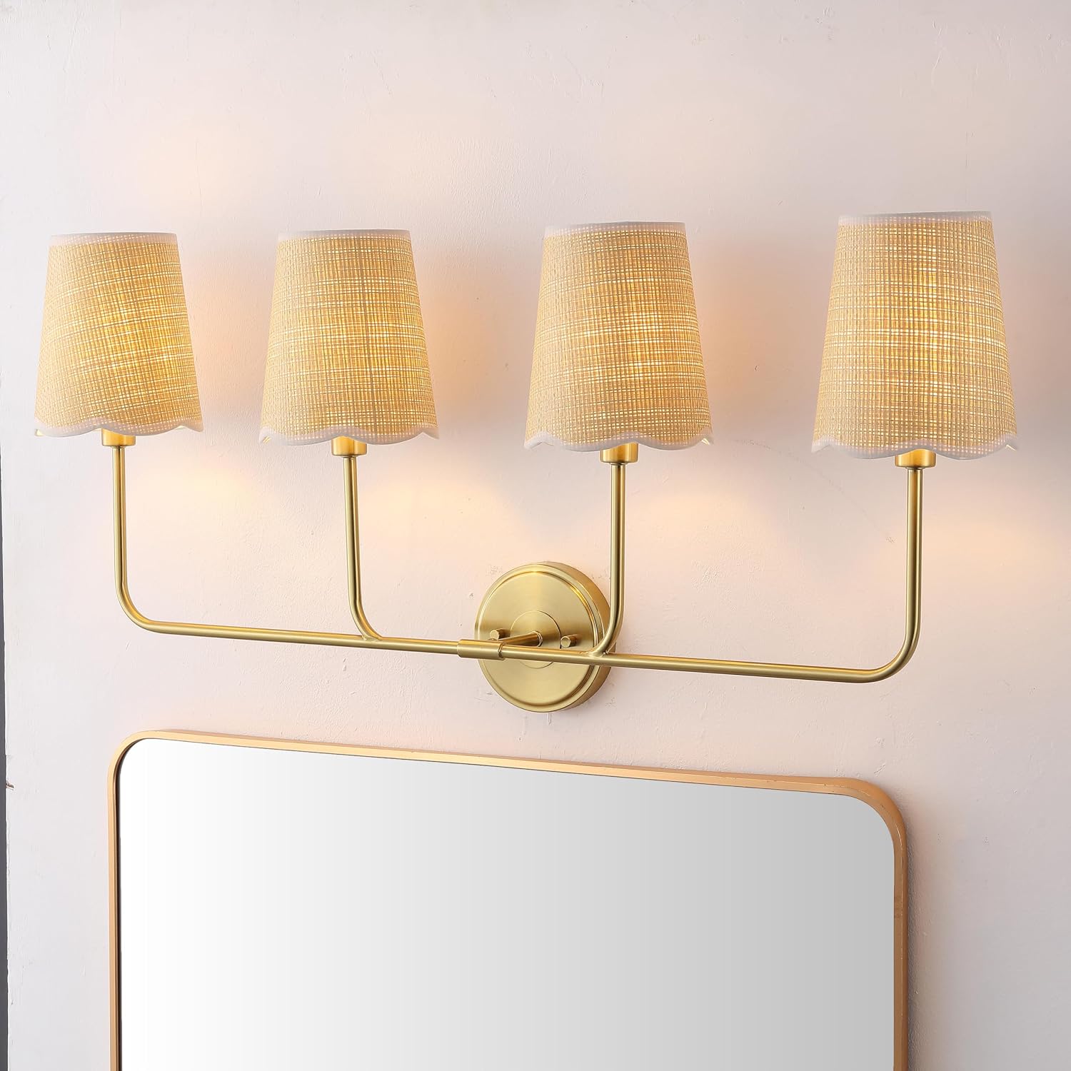 JONATHAN Y 36.5" Brown/White/Brass Gold LED Vanity Light, Traditional Wall Sconce Light, Scalloped Rope Fabric Shade for Bathroom Bedroom Hallway, LED Bulb Included (JYL1610A)