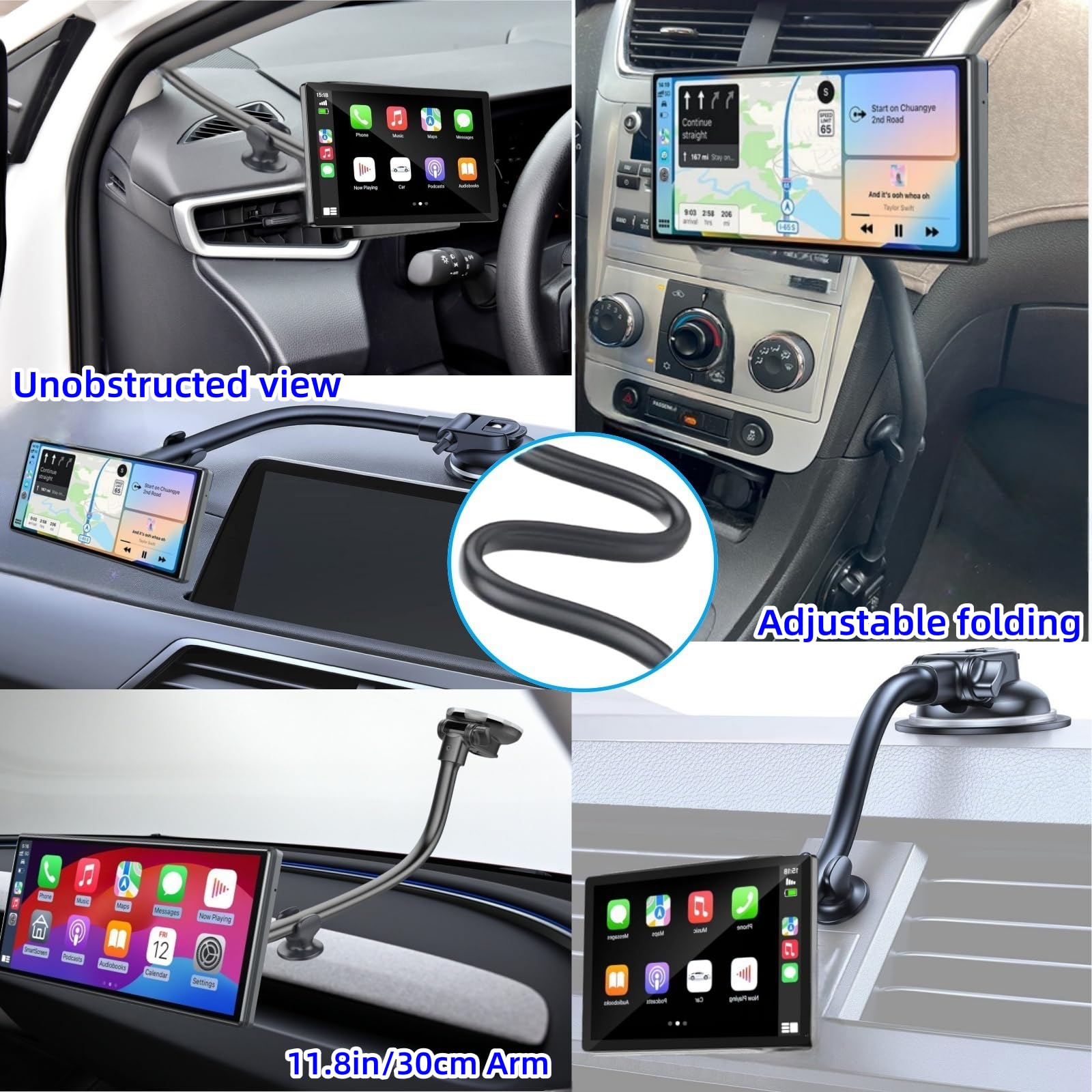 Supporto a Ventosa per Schermo Carplay con Braccio Lungo 11,8", Braccio in Lega di Alluminio Regolabile a 360°, Robusto Supporto per Parabrezza e Cruscotto con 78 mm Disco Adesivo Resistente