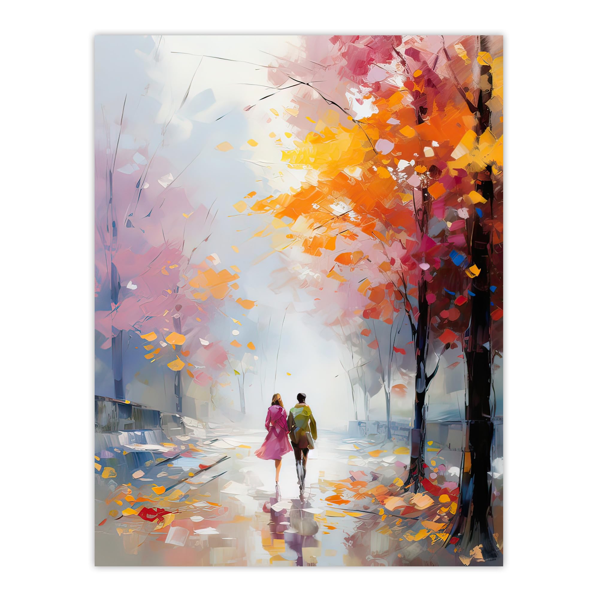 Artery8 Lovers Autumn Walk Oil Painting Orange Pink Blue Couple Walking Through Park Extra Large XL Wall Art Poster Print