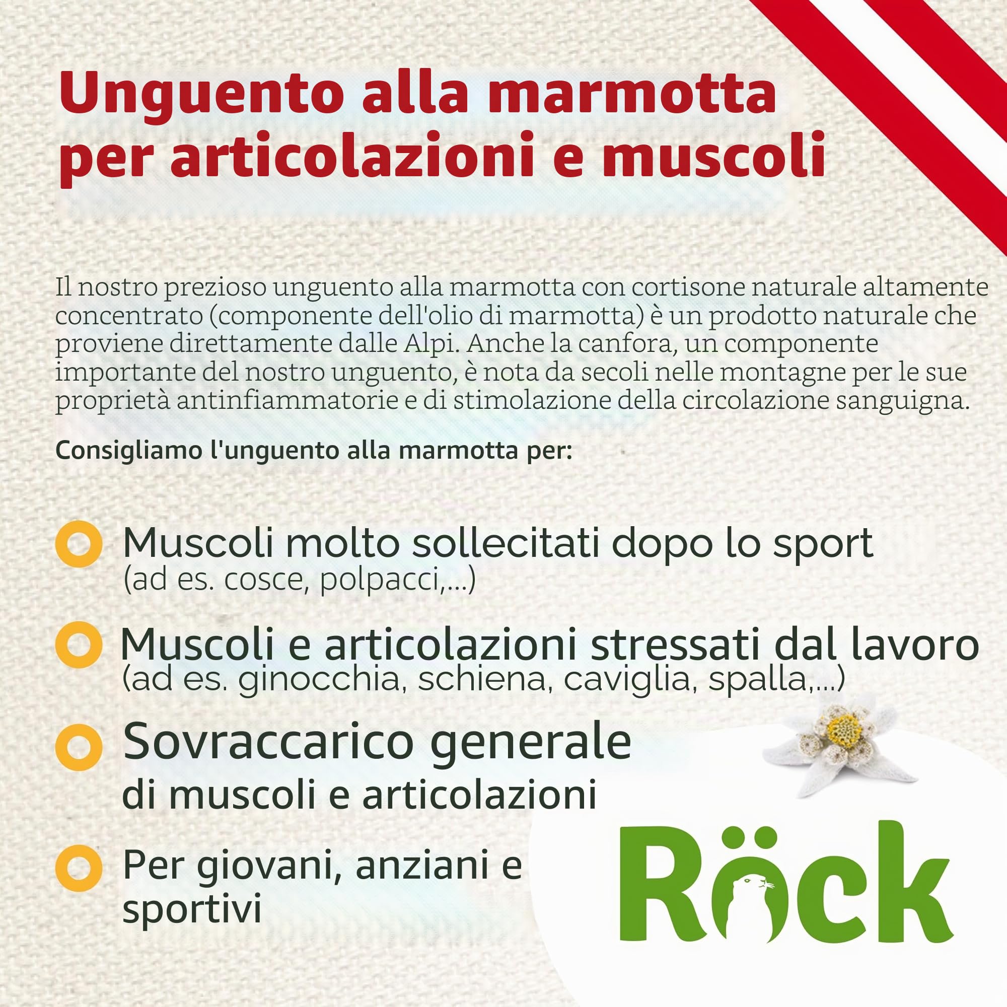 Pomata per marmotta originale Röck – l'unguento per marmotta più popolare nelle Alpi. Con formula migliorata e percentuale di olio di marmotta doppio
