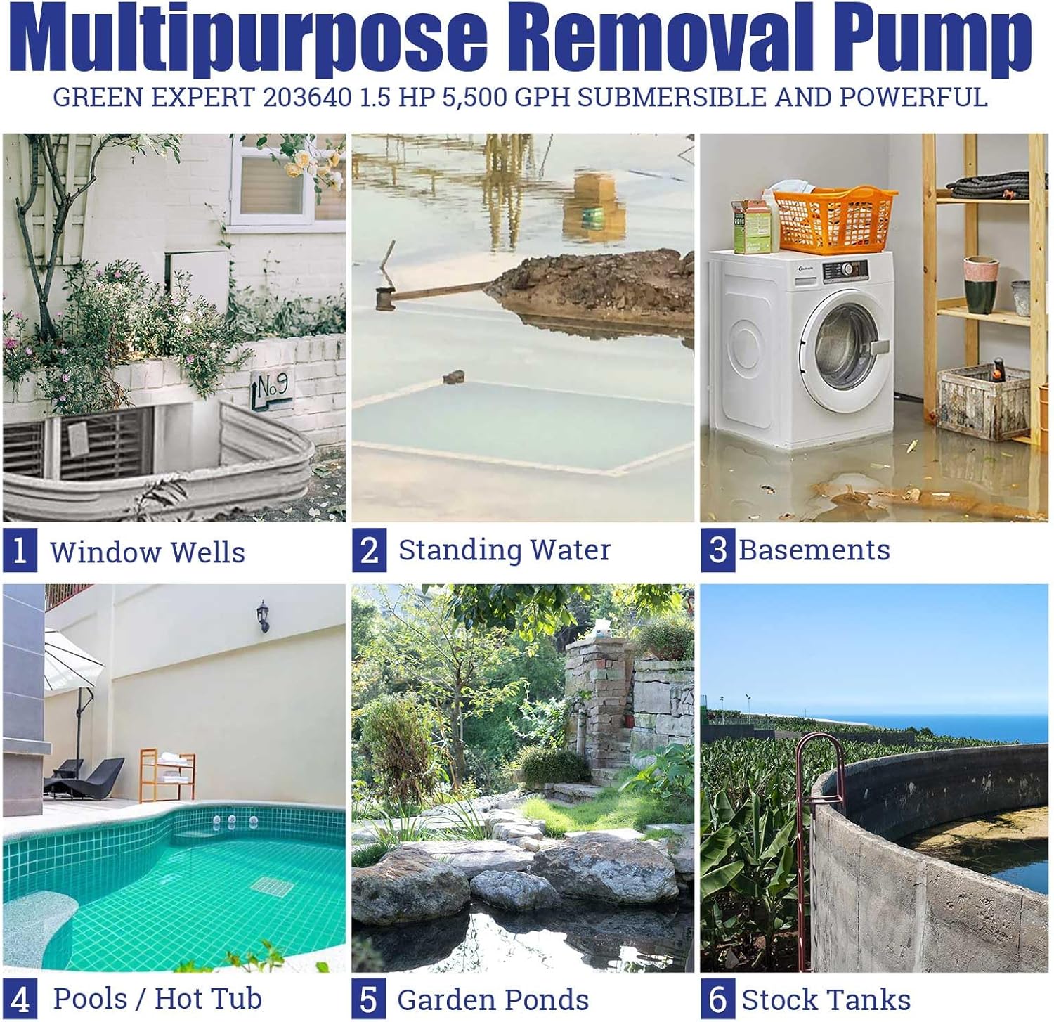 Green Expert Submersible Sump Pump, 1.5HP 5500GPH Effluent/Sewage Pump for Dirty Water, Auto/Manual Tethered Float, Adjustable Intake Base, 25ft Cord, Solids up to 0.8in, Basement Pit Drainage