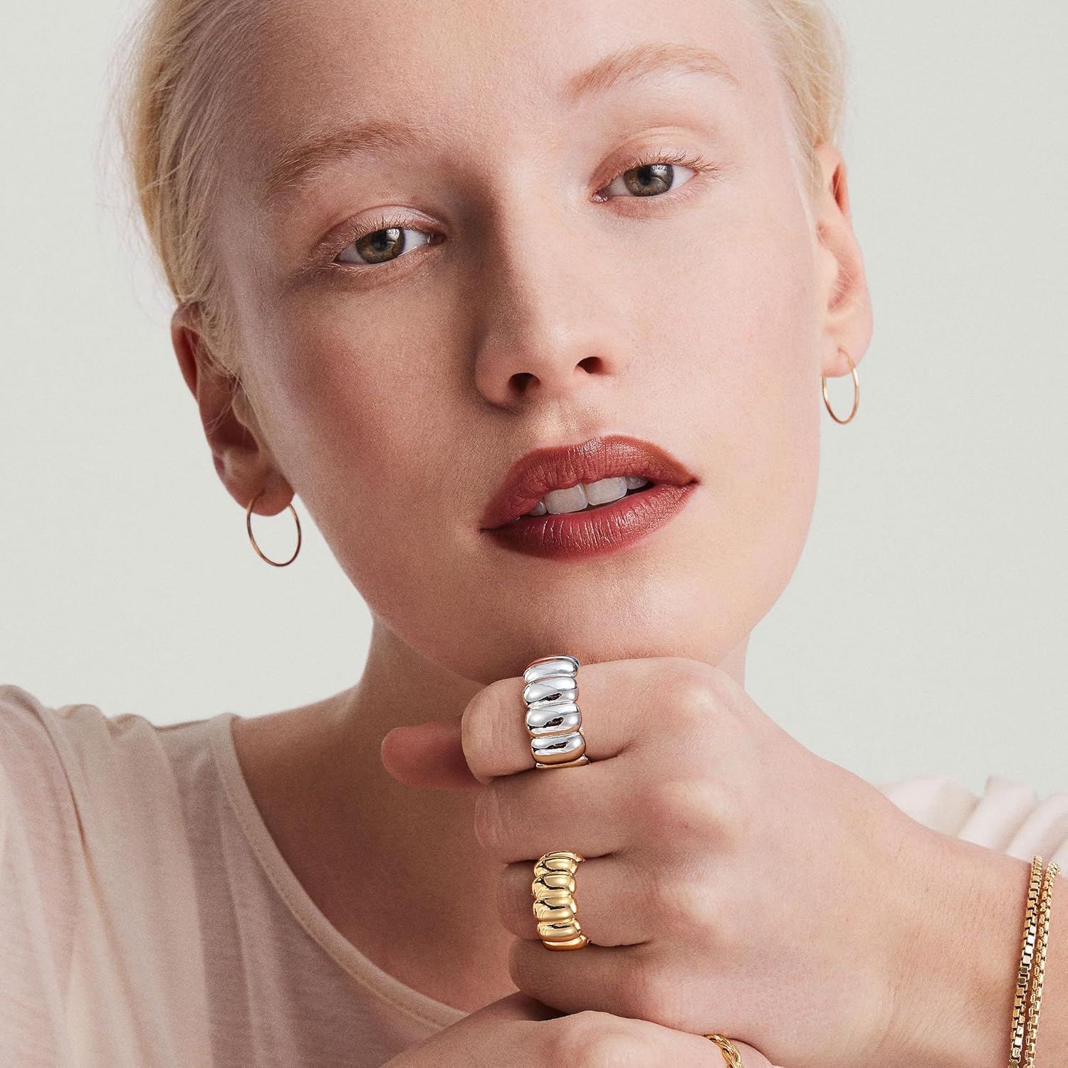 Chunky Gold Statement Rings for Women 14K Gold Silver Tone Non Tarnish Cute Puffy Dome Croissant Thumb Band High Polished Smooth Comfort Fit Size 5-10 - Image 6