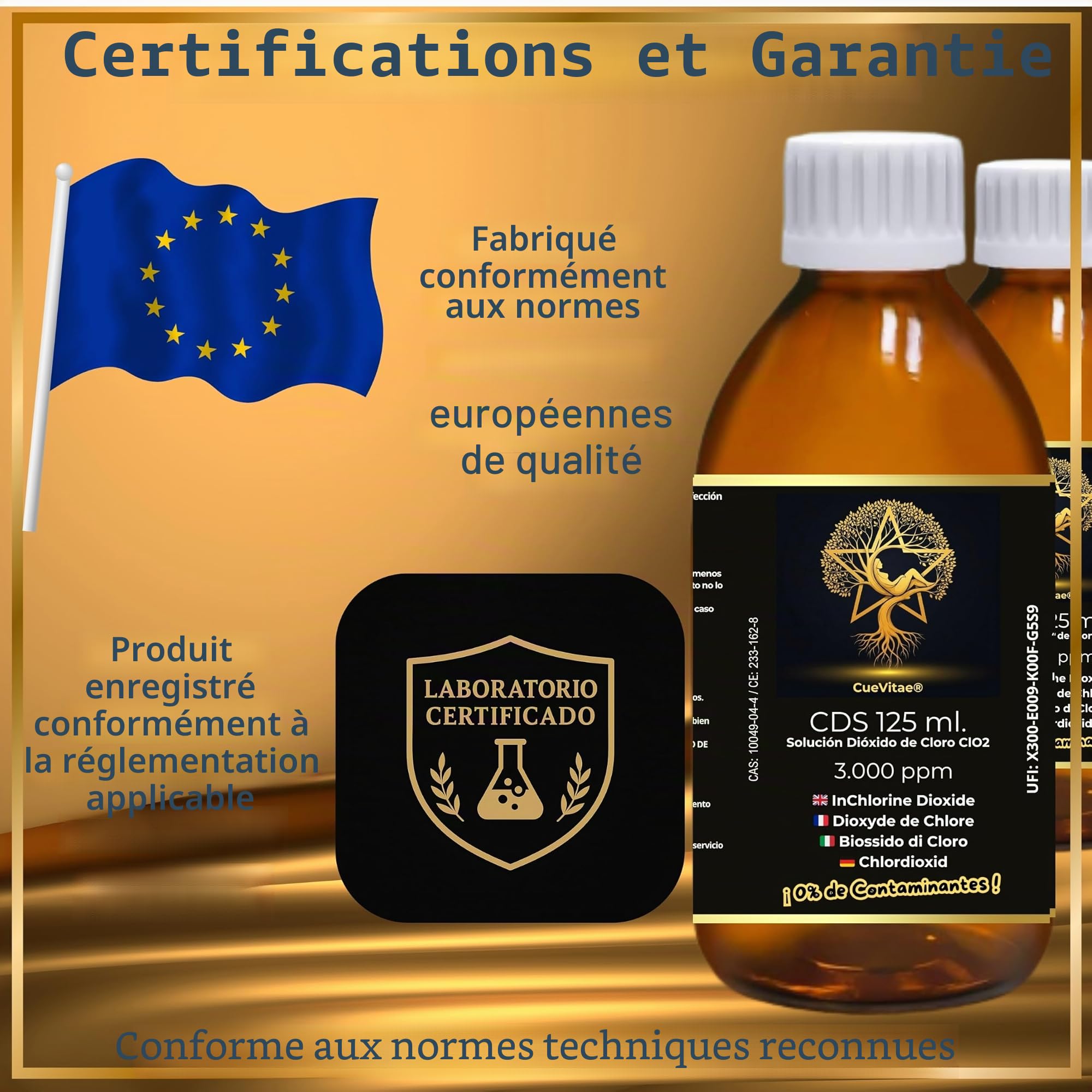 CDS 0,3% Dioxyde de Chlore | 2x125 ML | Lot 2 flacons verre ambré anti-UV avec équipement volumétrique, exclusif traitement d'eau, produit chimique technique.