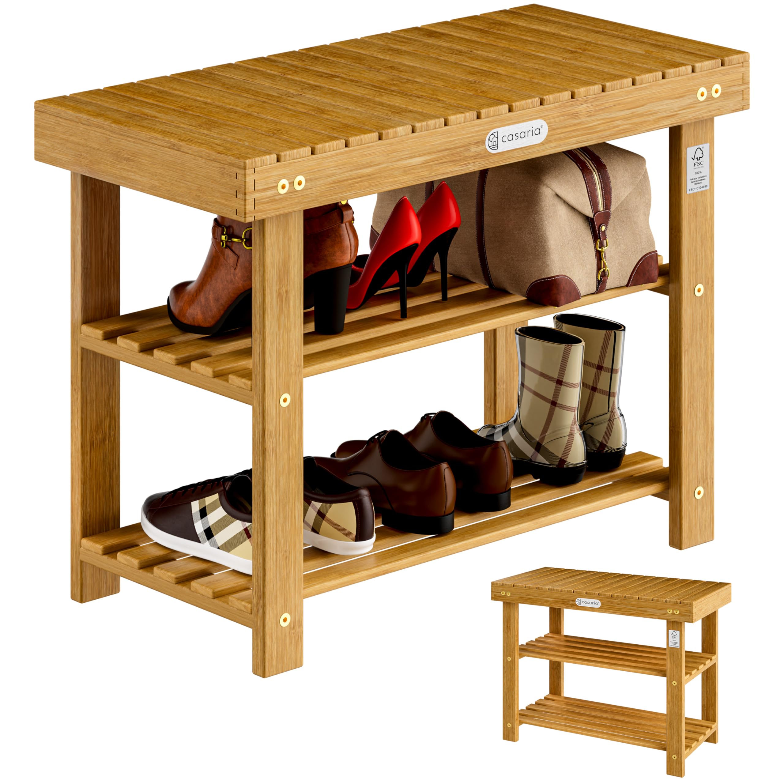 CASARIA® Banco Zapatero Estantería Zapatos 2 Estantes 70x33x46cm 160Kg Certificado FSC® Baño Sala Pasillo Entrada