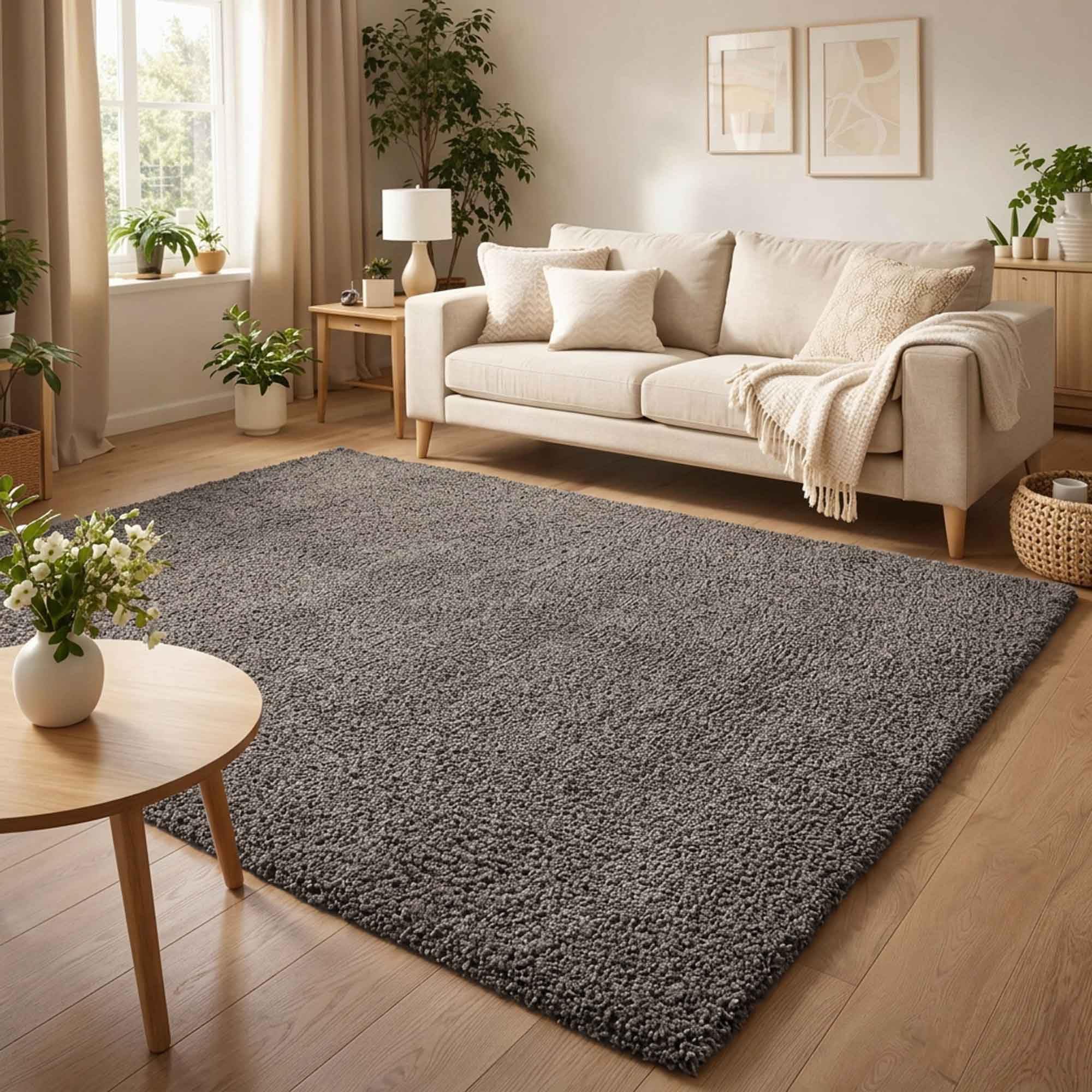 Ainsley Plain Soft Shaggy Modern Living Room Area Rug, Dark Grey, 60x110cm