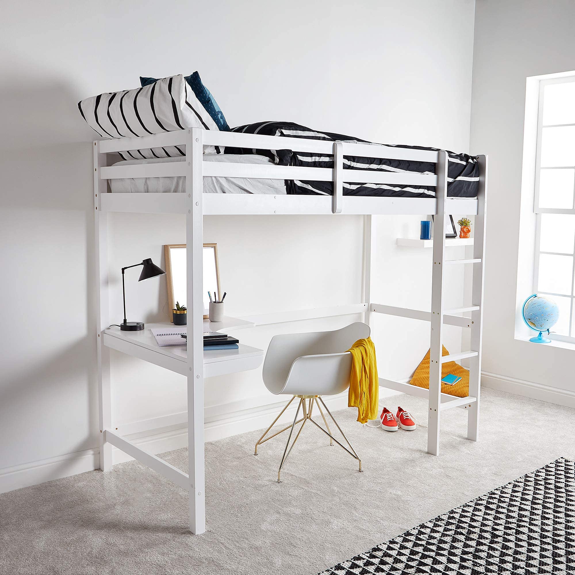VonHaus High Sleeper Bed Frame with Desk White Wooden Study Bunk Bed