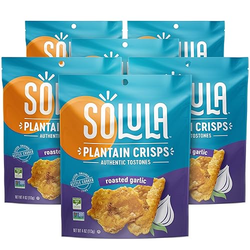 Solula Plátano Crisps Authentic Tostones, ajo asado, 4 onzas (paquete de 6), chips cocidos en hervidor, sin gluten, aptos para paleo, sin granos,