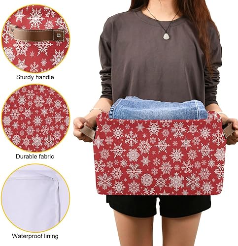 Miniatura 8 de Cesta de almacenamiento plegable, cubos organizadores con patrón de Navidad con copos de nieve blancos sobre fondo rojo, bolsa de doble asa para