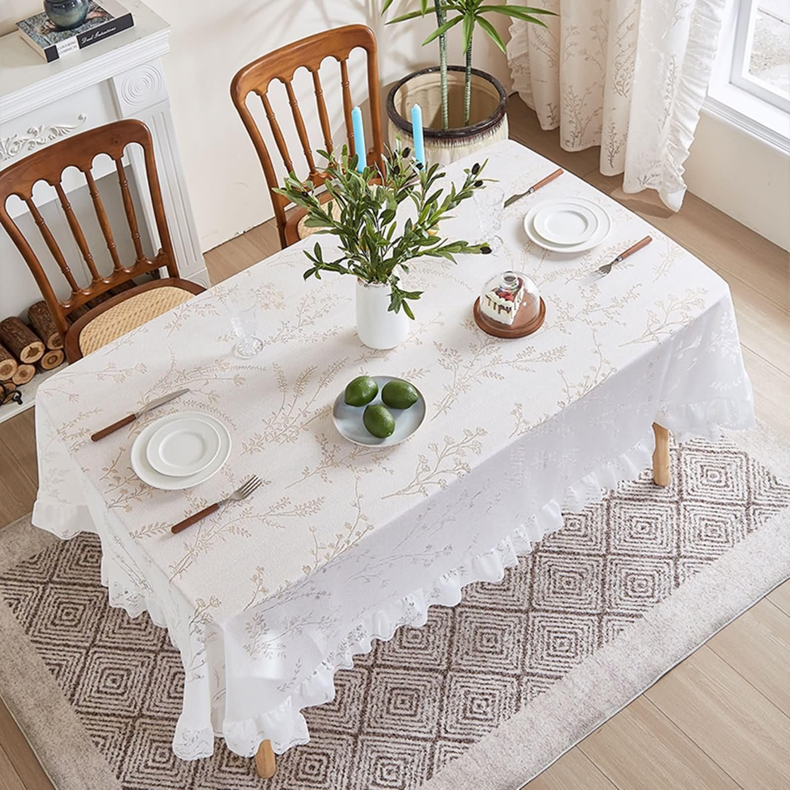 Mantel Lavable Rectangular Blanco, Patrón de Ramas de Encaje, de Poliéster Fácil de Limpiar, 132 x 259 cm, Mantel para Cocina